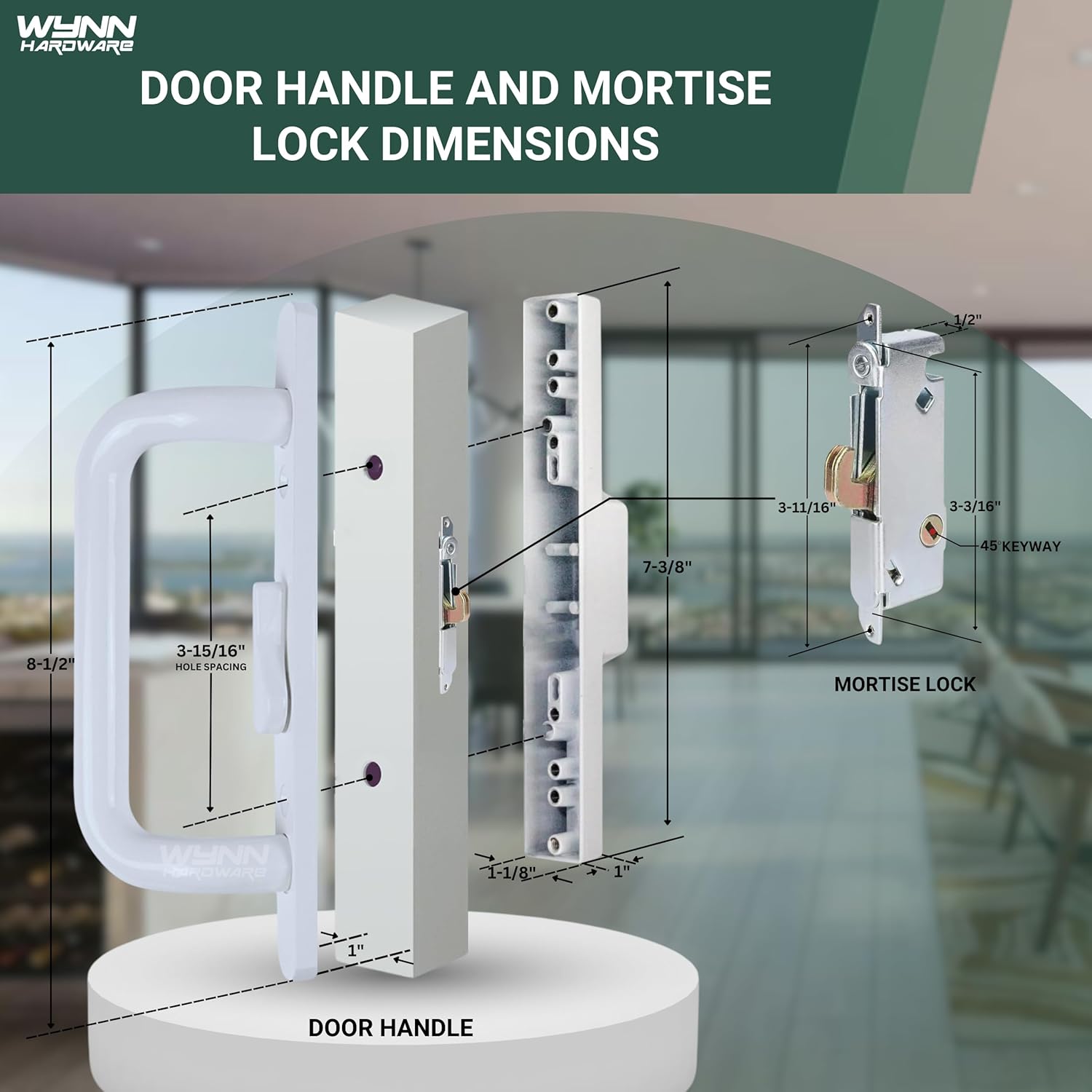 Sliding Glass Door 8.5" Handle Set Replacement Mortise Lock 45° Non-keyed Door Handles, Right-Handed Orientation, Fits 3-15/16” Screw Hole Spacing - White
