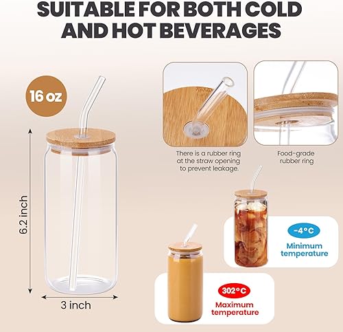 Miniatura 2 de Juego de 8 piezas vasos de vidrio con tapa de bambú con popote de vidrio, cristalería en forma de lata de 16 onzas para cerveza, café helado,