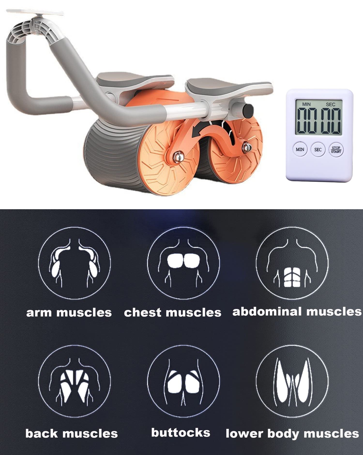 WaTsKY Rodillo para Abdominales inverso automático con Soporte para Codo y Rodilleras Rueda para Abdominales de Rebote automático con Temporizador y Rodillera para Entrenamiento en casa