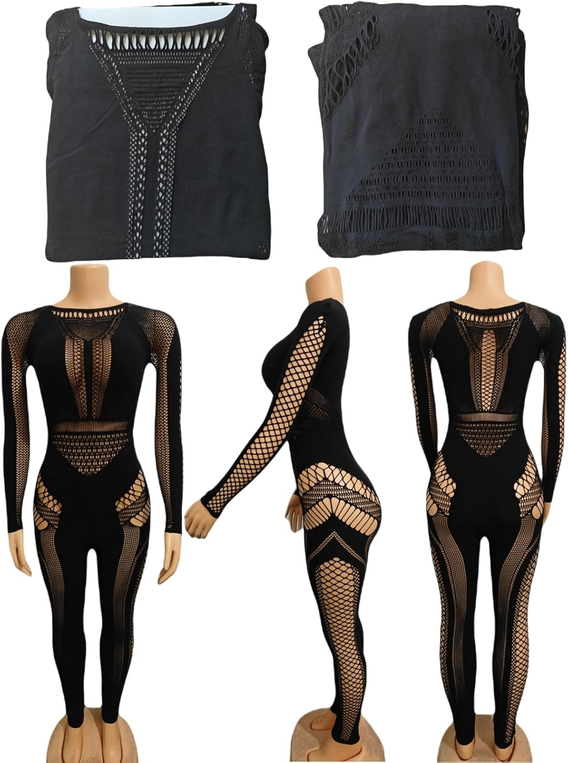 Women's Sexy See Through Long Sleeve Hollow Out Bodycon Stretchable Mesh Jumpsuit - Image 6