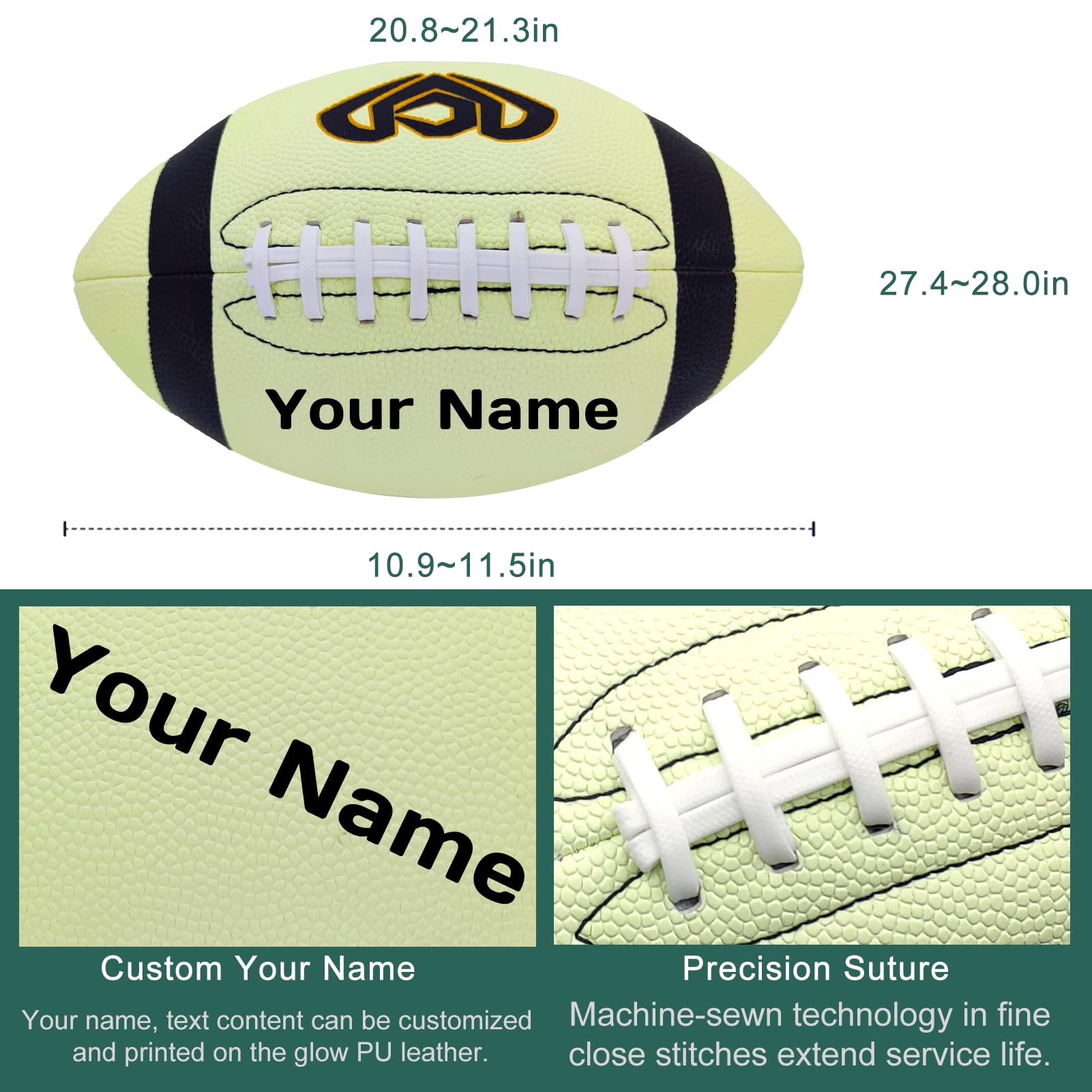Balón de Rugby Personalizable Luminiscente, Cuero Sintético, con Inflador y Bolsa de Transporte, Brilla en la Oscuridad
