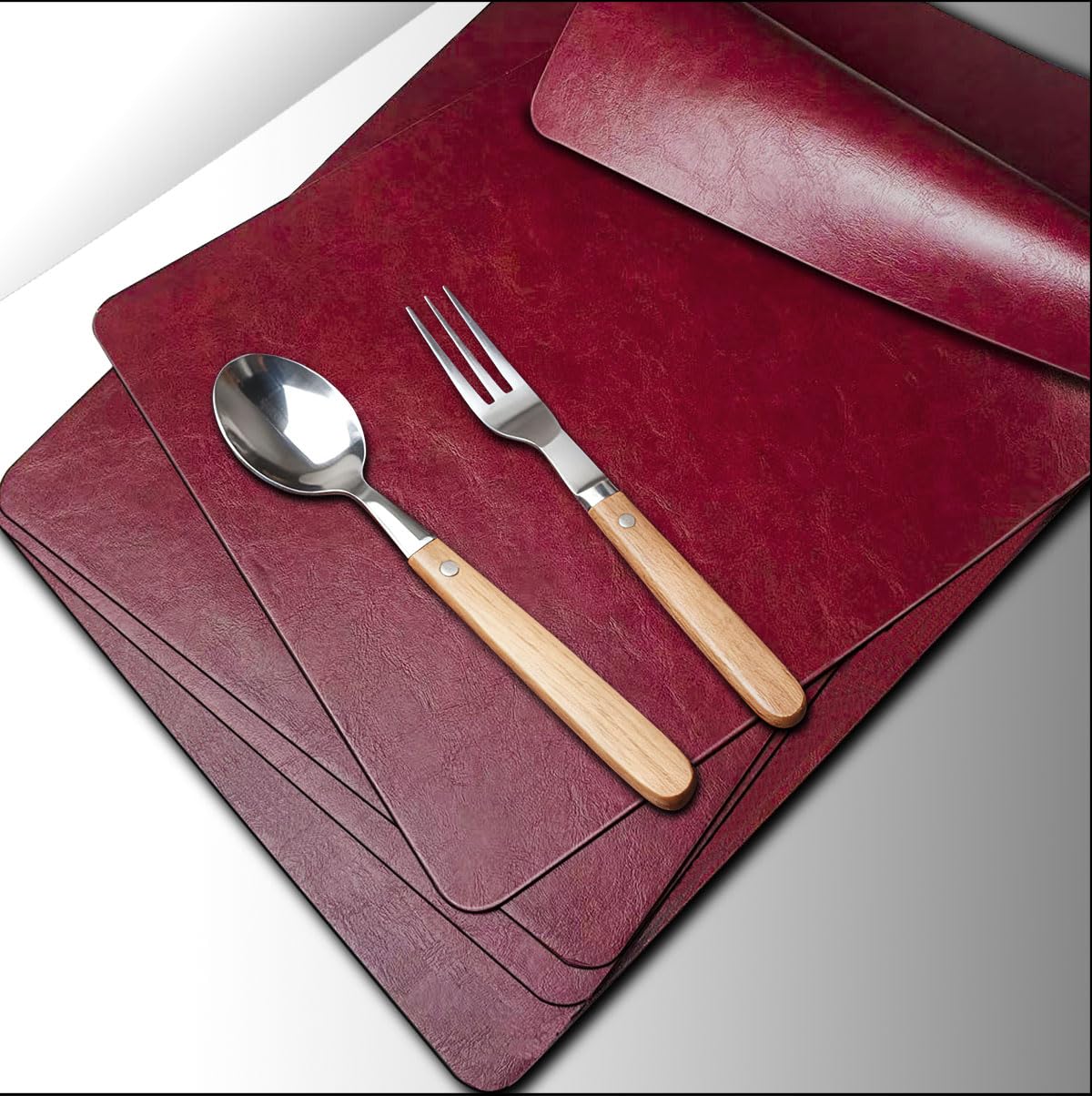 Faux Leather Placemats Set of 4, Wipeable Place Mats for Tables 4, Table Mats Set of 4 Waterproof-Heatproof-Non-Slip-Washable Place mats, Outdoor Dining Placemats for Garden Table-Christmas-Dinner,Red