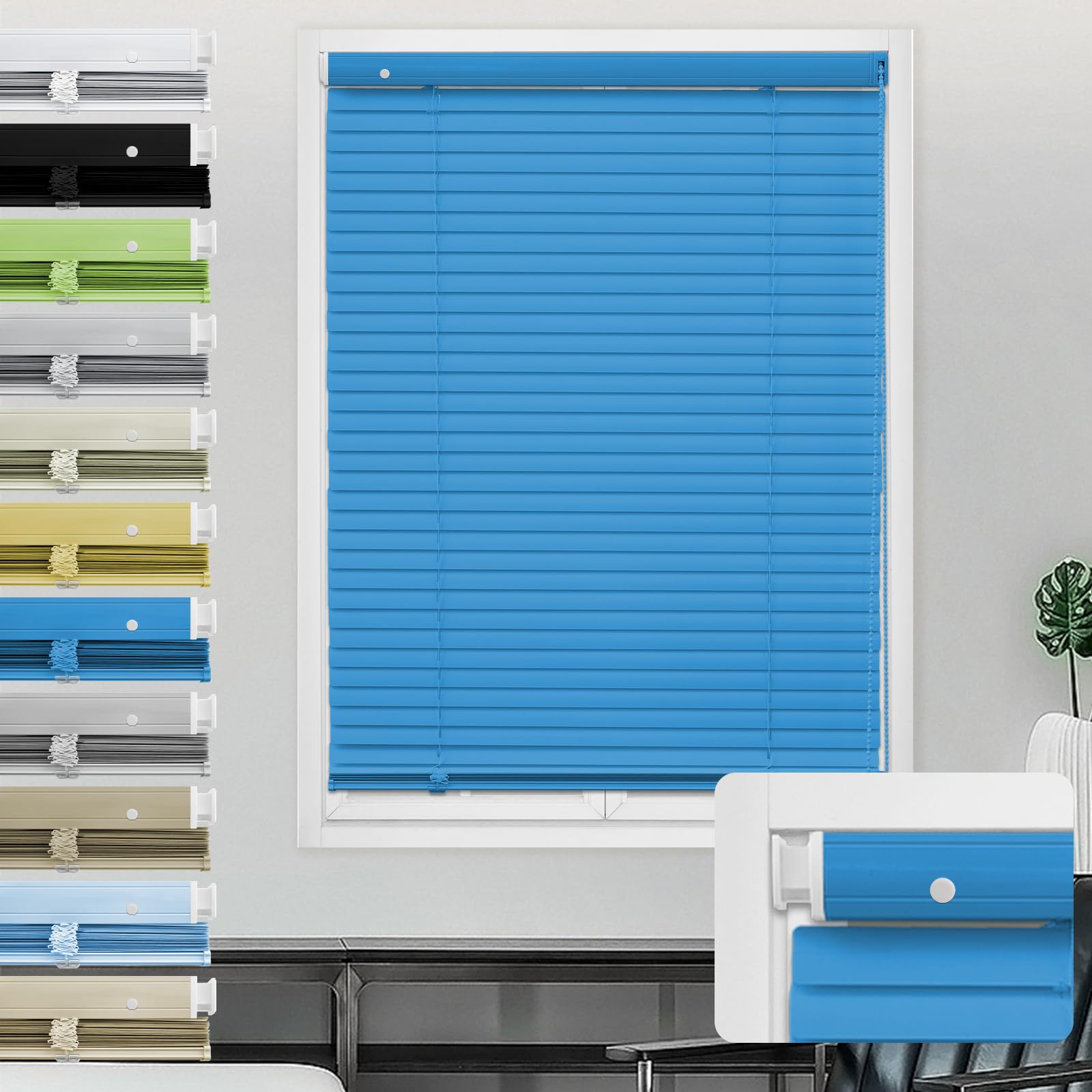 Moonice Aluminum Venetian Blinds No Drill No Tools Window Venetian Blind Color-Matched Horizontal Shade 25mm Slats Waterproof Shades for Office Home Interior Door (Blue,105cm W x 150cm H)