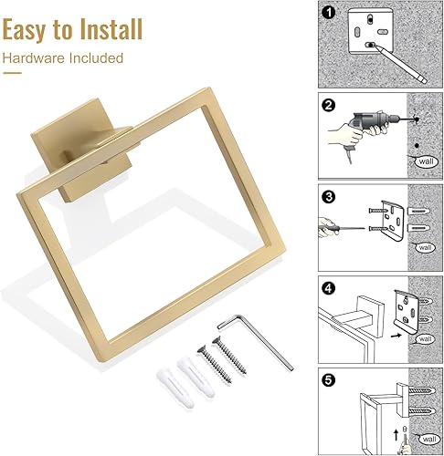 Miniatura 4 de YACVCL Toallero de baño, toallero de mano dorado cepillado, toallero de acero inoxidable montado en la pared, colgador de toallas cuadrado para baño