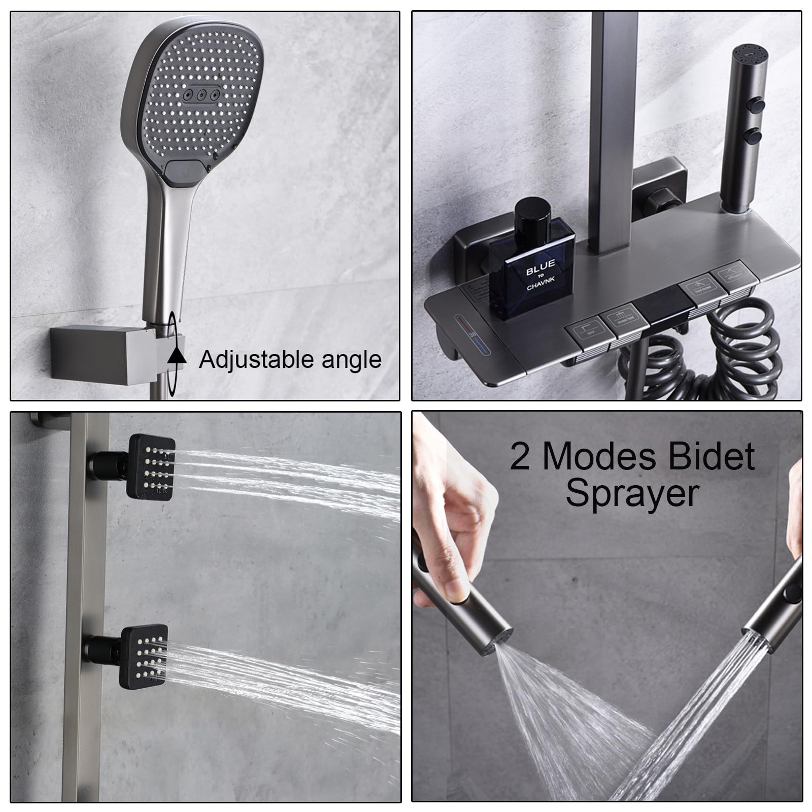 Sistema de Ducha termostático, Juego de Grifo de baño con Pantalla Digital, Kit Expuesto con válvula y Cabezal de Mano de 3 Modos, rociador Corporal, bidé, Cascada, bañera