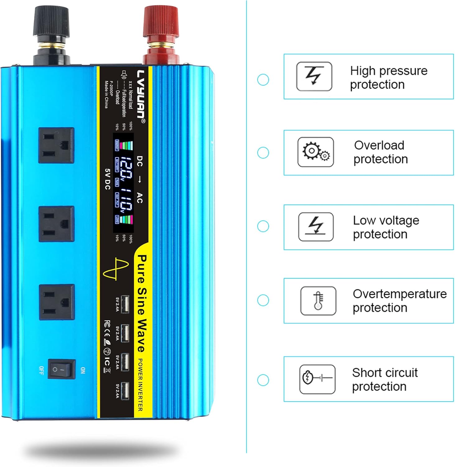 LVYUAN Pure Sine Wave Inverter 1600 Watts Inverter 12V to 110V DC to AC with Remote Controller, LCD Display, 3 AC Sockets and 4 USB Ports : Automotive