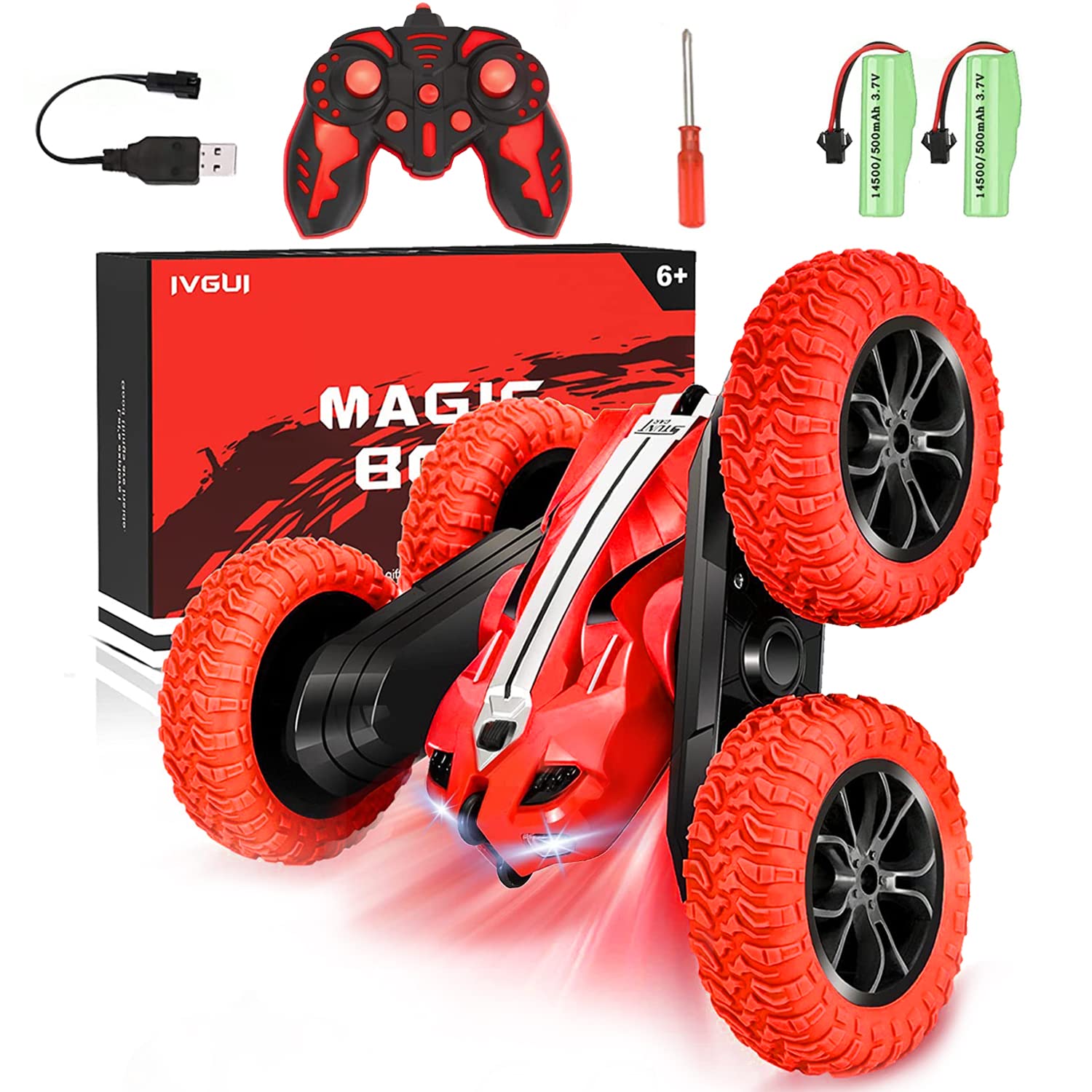 IVGUI Remote Control Car, 4WD 2.4Ghz Double Sided 360° Rotating RC Car with Headlights,2 Rechargeable Battery, or Birthday Gift for Boys/Girls