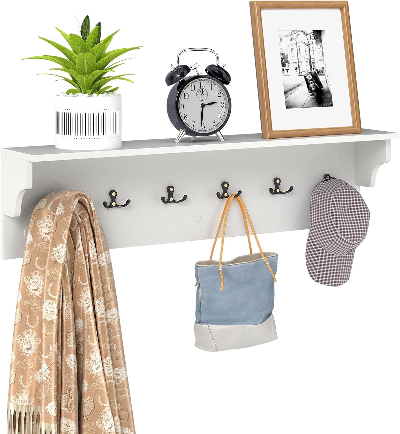 Giantex Coat Rack Wall Mount, 31.5" Wooden Coat Hooks with Shelf, Wall Clothes Rack w/ 6 Dual Hooks for Hats Towels Purses Robes, Floating Display Shelf for Living Room Bedroom Entryway, White