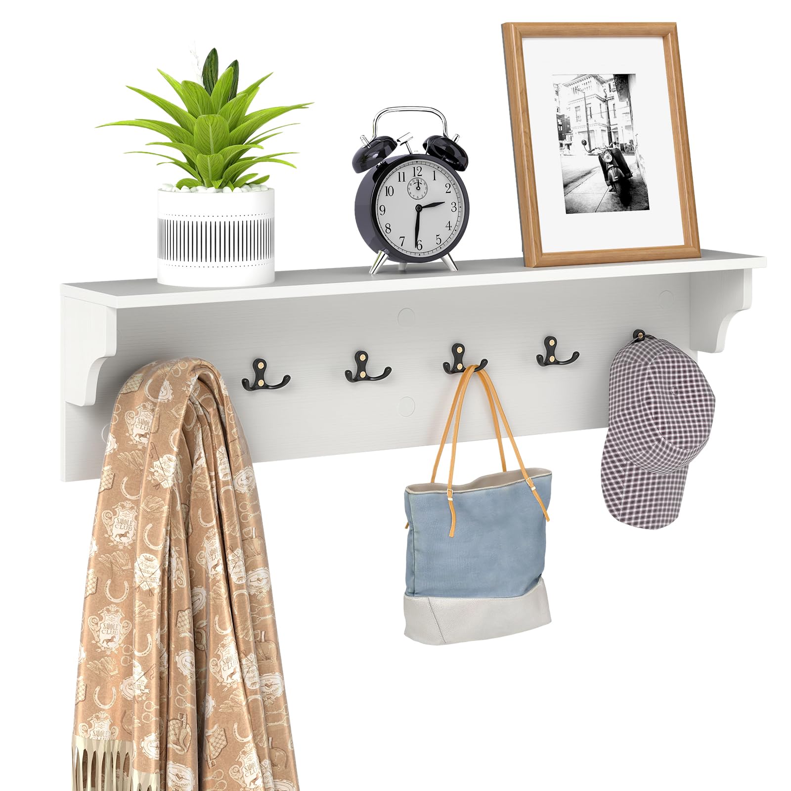 COSTWAY Wall-Mounted Coat Rack with Shelf, 80cm Wooden Wall Shelf Clothes Hanger with 6 Hooks, Floating Wall Coat Hooks Hallway Storage Unit Display Organiser for Entryway Bedroom Bathroom (White)