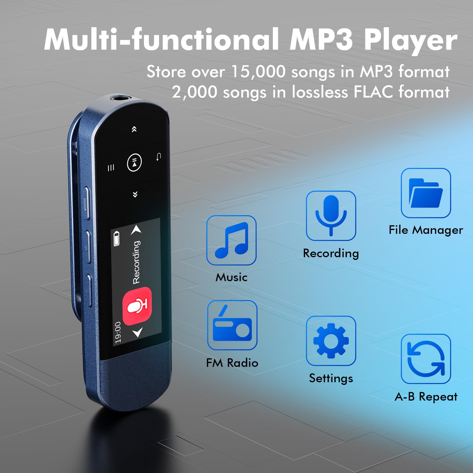 64GB Tragbarer USB MP3 Player mit Bluetooth 5.3, Clip für Sport & Laufen, FM Radio, Voice Recorder, Handy-Dateiübertragung & digitaler Audio-Shuffle