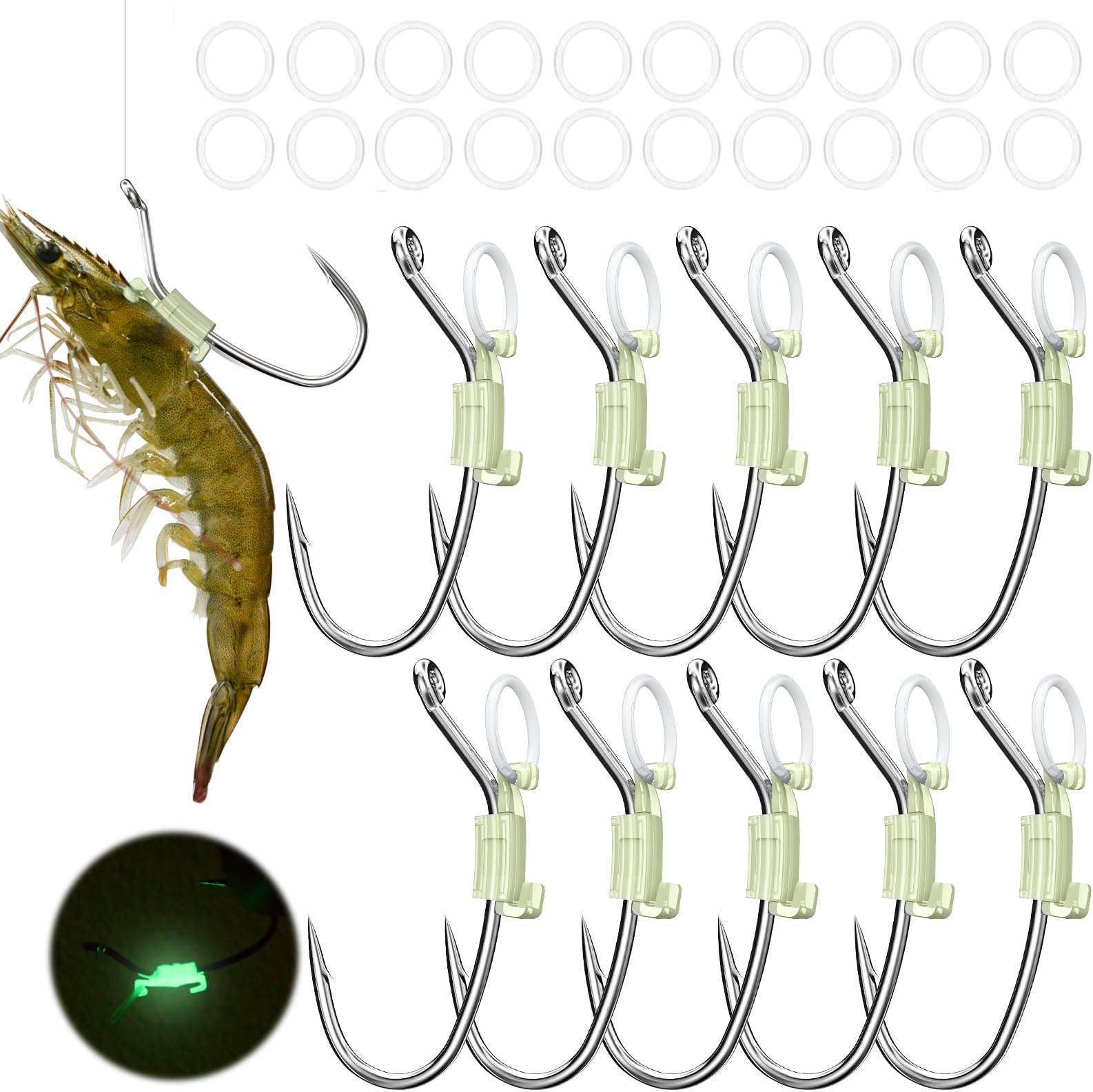KANAMA Luminous Live Shrimp Hooks - High Carbon Steel Fishing Hooks Saltwater Corrosion Resistant Barbed Strong Hooks Freshwater Shrimp Walker, Ideal for Bass, Groupers, Pike, Catfish & More