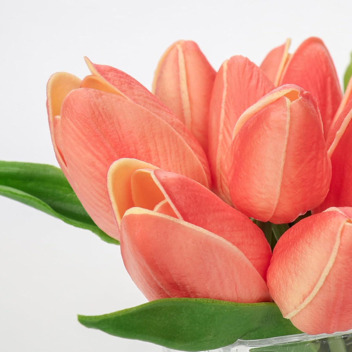 DILATATA Artificial Peach Tulips in Vase with Faux Water 5.5" Real Touch Flowers Fake Tulips Small Flowers Arrangement in Cube Glass Vase for Mother's Day Table Centerpiece Wedding Home Decor - Image 3