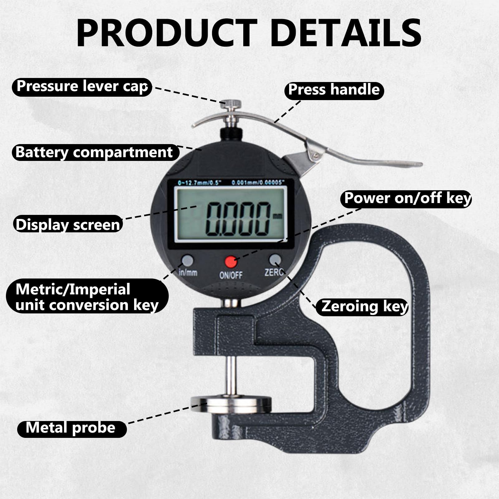 GrubośCiomierz Biurkowy, O Wysokiej Precyzji 0005in 0,01 Mm, Zakres Pomiarowy 0,01 – 12,7 Mm, śRednica Sondy 30 Mm, Do GąBek, Papieru, Mechanizm Detekcji Handheld
