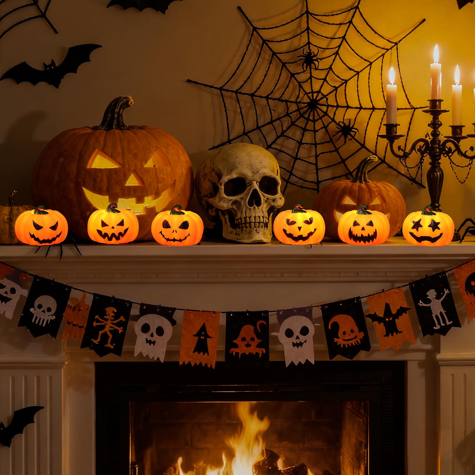 Candele senza fiamma a forma di zucca di Halloween, con telecomando e timer, a batteria, LED tremolanti, candele votive a forma di zucca, confezione da 6 candele autunnali con viso spettrale