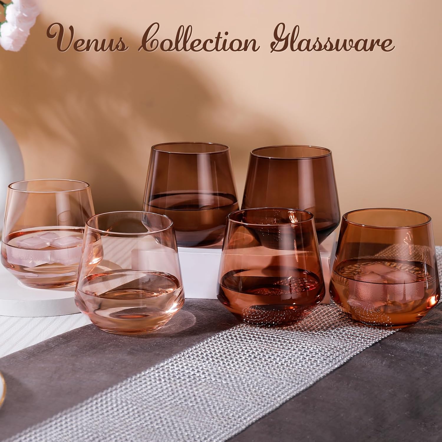 Venus Stemless Wine Glasses Set 6-14oz Melanin Colored Wine Glasses Stemless【HandBlown】 Brown Wine Glasses Set,Unique Brown Wine Glasses for Kwanzaa
