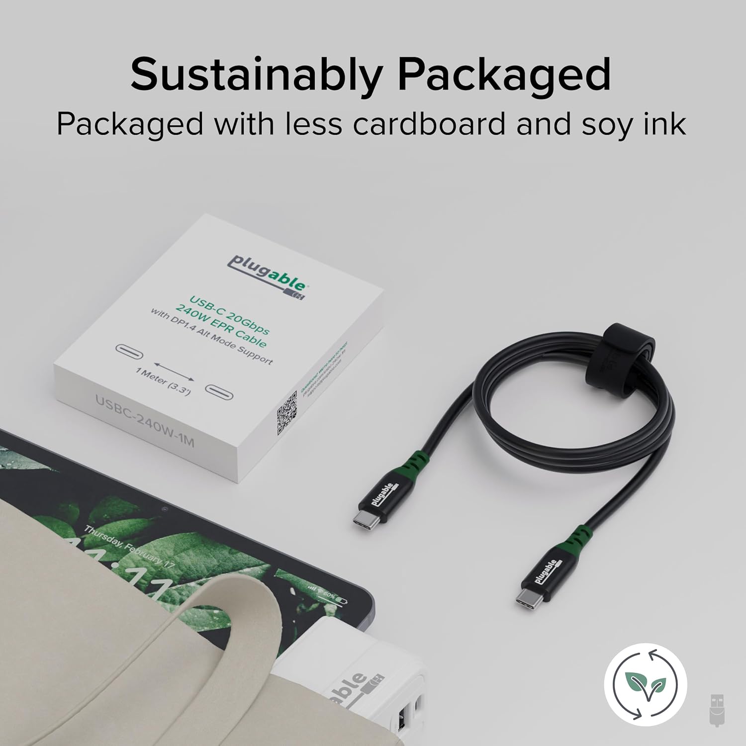 Plugable USB-C Cable with sustainable packaging