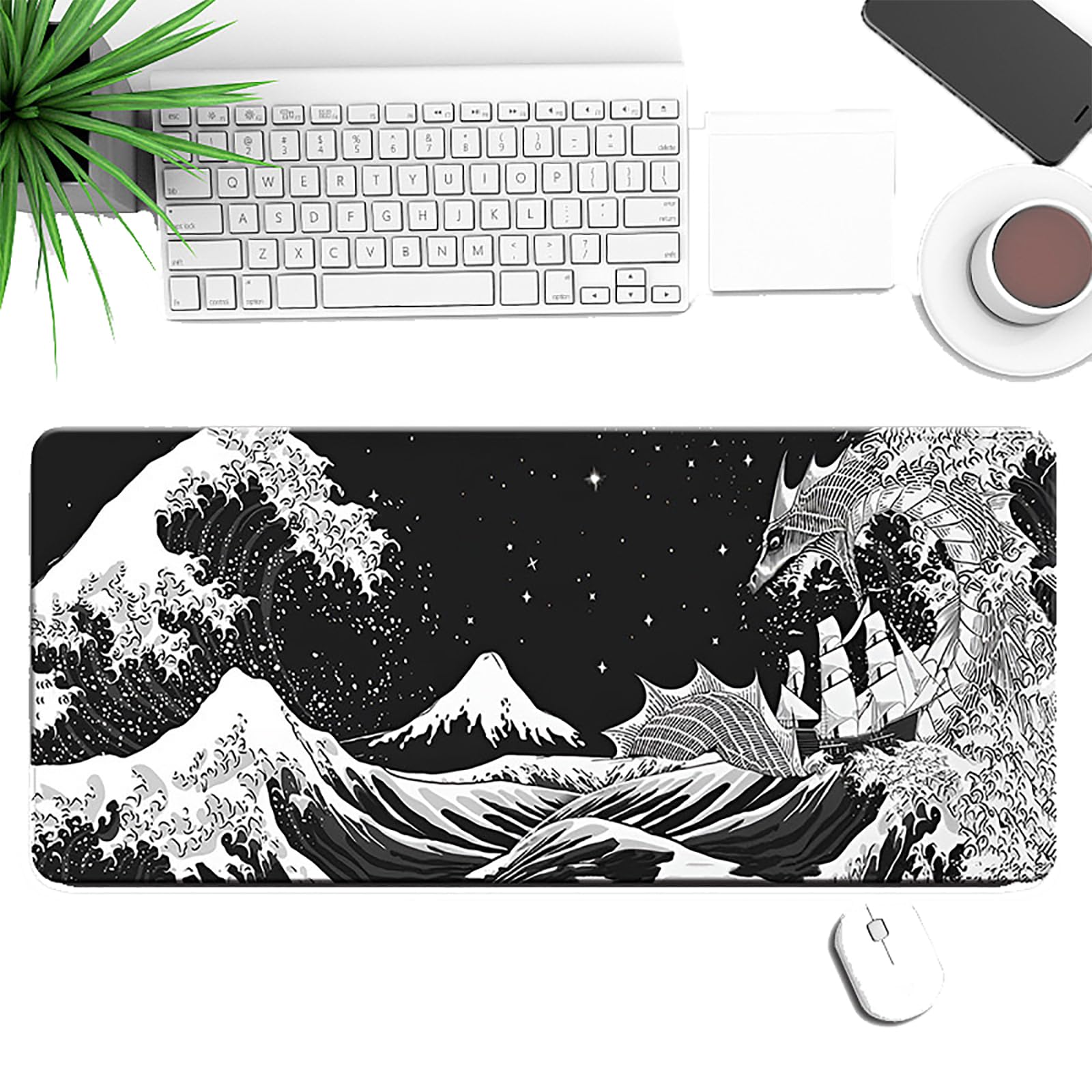 Gaming Mouse Pads with large size 31.8X11.5X0.08inch, Japanese Sea Wave, Mouse mat for computer, desk, game, office, Non-Slip Rubber Base, Waterpfoof, Easy to clean