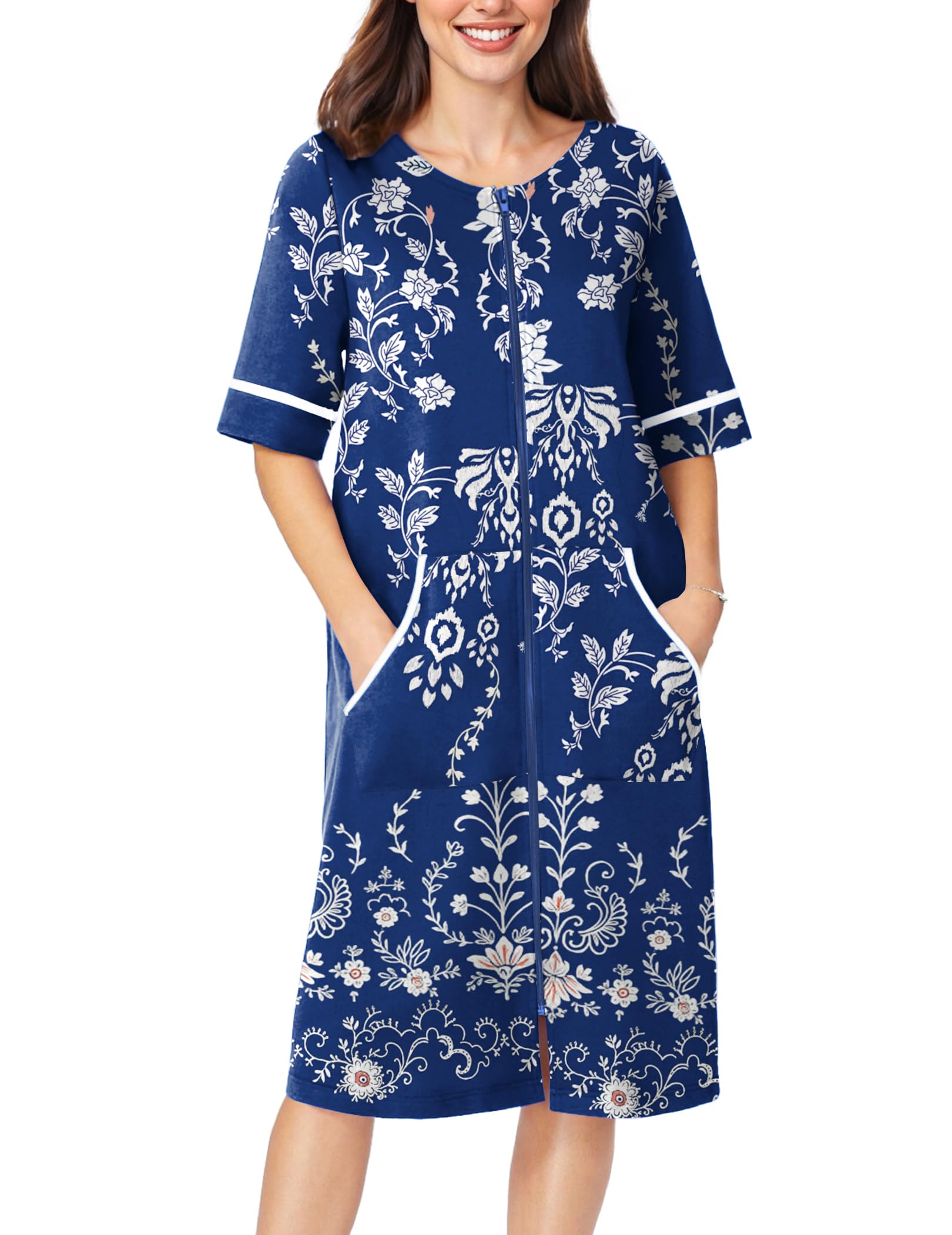 Ekouaer Bata corta con cremallera para mujer, bata de baño corta con cremallera frontal y bolsillos, tallas S-3XL