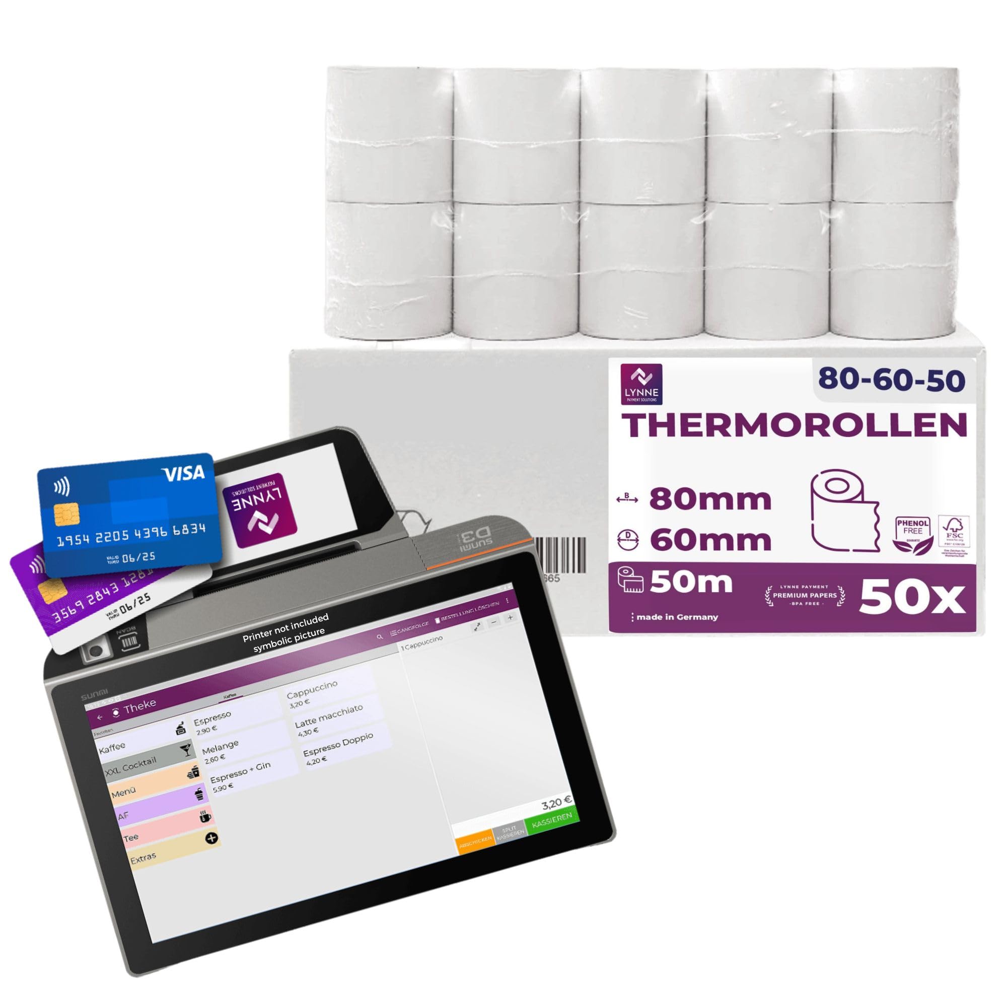 LYNNE - Rotoli Cassa 80x60 Termica Fiscale - Rotolini carta termica 80x60x12 - Rotolo per stampante registratore di cassa fiscale 80mm x 50m x 12mm - [50x]
