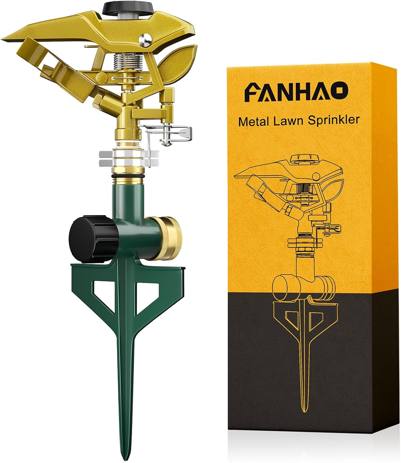 FANHAO Heavy Duty 100% Metal Pulsating Impact Sprinkler on Spike - 360° Adjustable, Covers 5800 sq ft Lawn & Yard Irrigation
