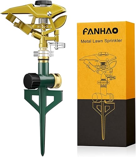 FANHAO Rociador de césped pulsante resistente sobre base de estco, rociador de impacto 100% metálico con patrón de pulverización ajustable para