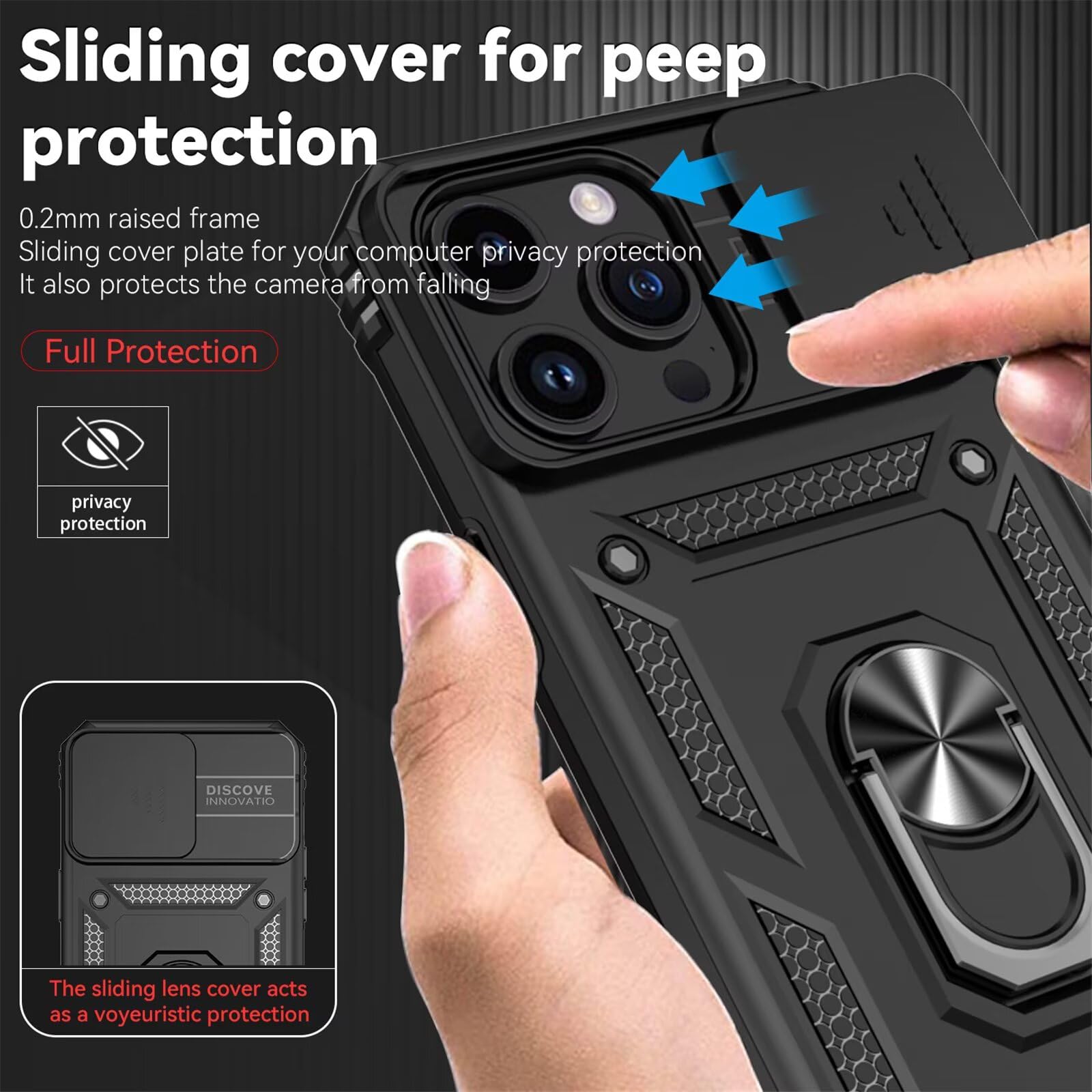Cover per Iphone 15 Pro 6.1 Pollici con Vetro Temperato Custodia con Scorrevole Protezione Fotocamera Custodia Rotante Anello Supporto Antiurto TPU Bumper Custodie-Nero
