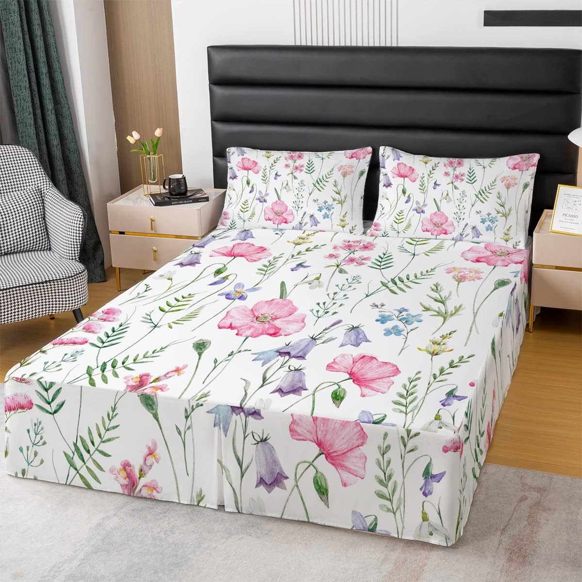 Sun and Moon Bed Skirts Queen Size, Boho Exotic Bed Skirt, Galaxy Astrology Bedskirt Soft Quadruple Pleated Ruffle Chic Luxury Zodiac Signs Dust Ruffle 15 Inch Drop for Kids Adults Bedroom Decor