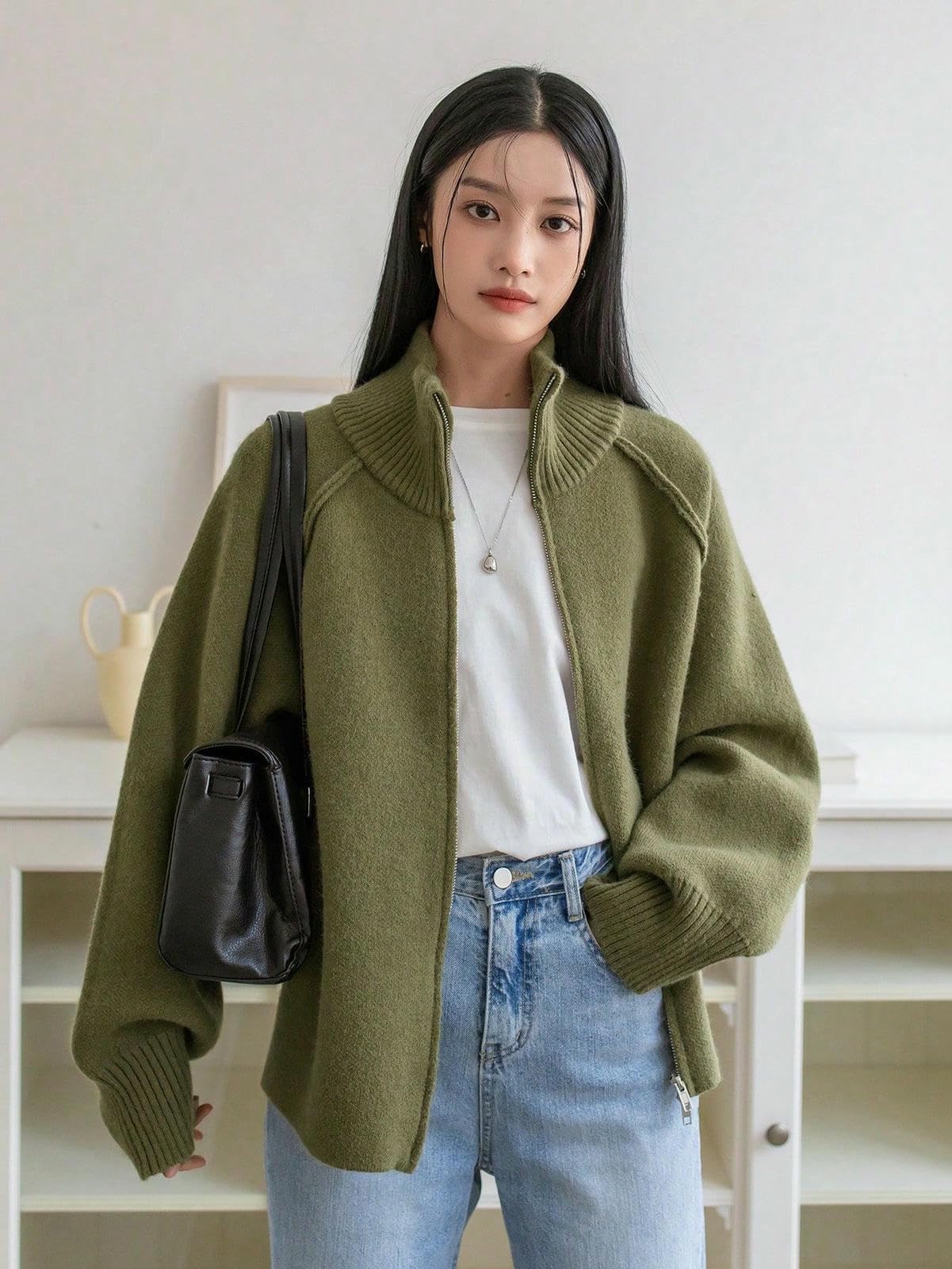 Maglione da Donna Cardigan A Maglia, Maglioni Maniche Lunghe Autunnali Donna, con Cerniera-Bianco-One Size (42-48)