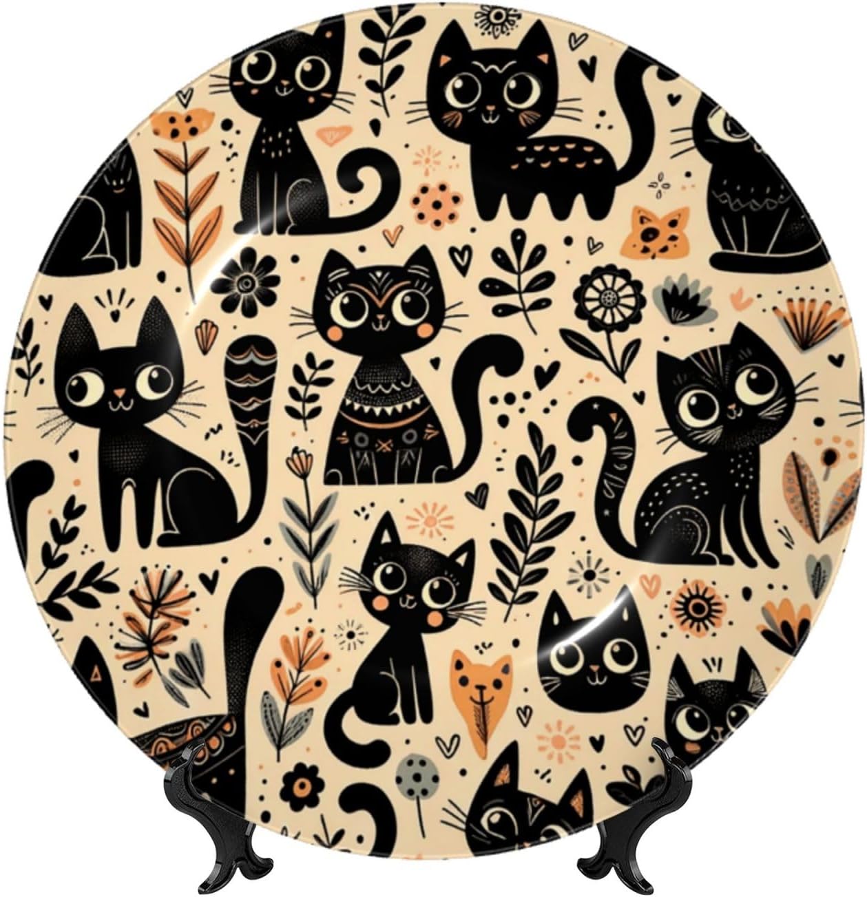 Cute-Cats-Floral 10 Inch Decorative Plate With Stand, Elegant Display Wall Plate For Home Decor