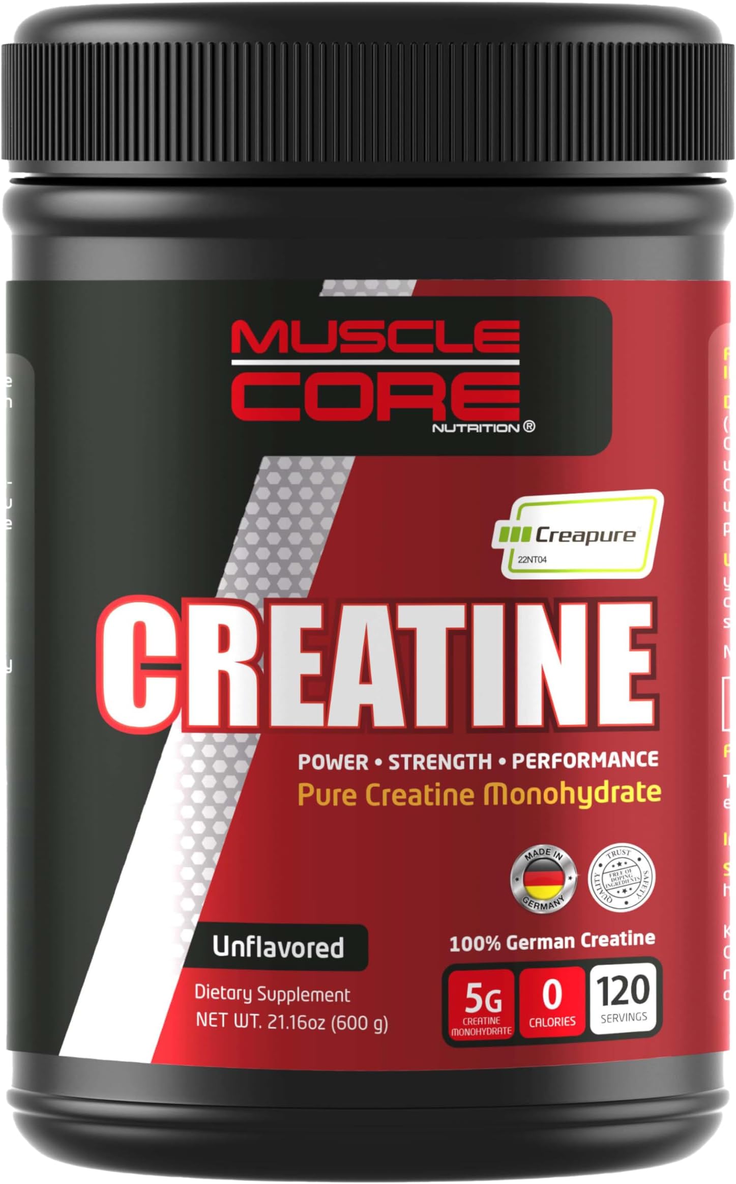 Muscle Core Creatine (Creapure®) I 100% Pure Monohyderate Creatine I Help to Increase Muscle Mass & Performance I Unflavoured I 600 Grams (120 Servings)