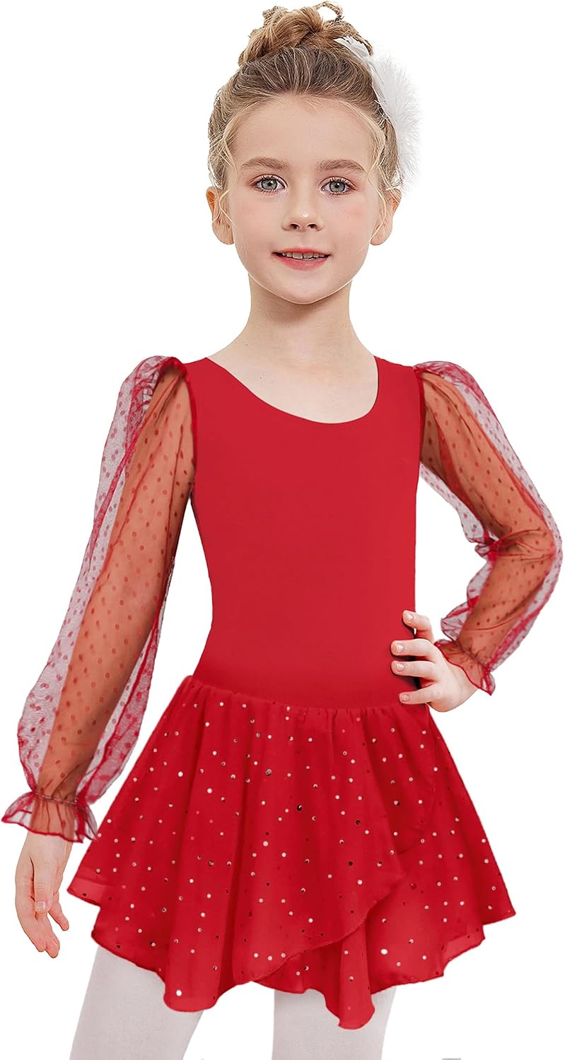 Zaclotre Gymnastics Ballet Leotards for Girls Mesh Puff Long Sleeve Leotard for Dance