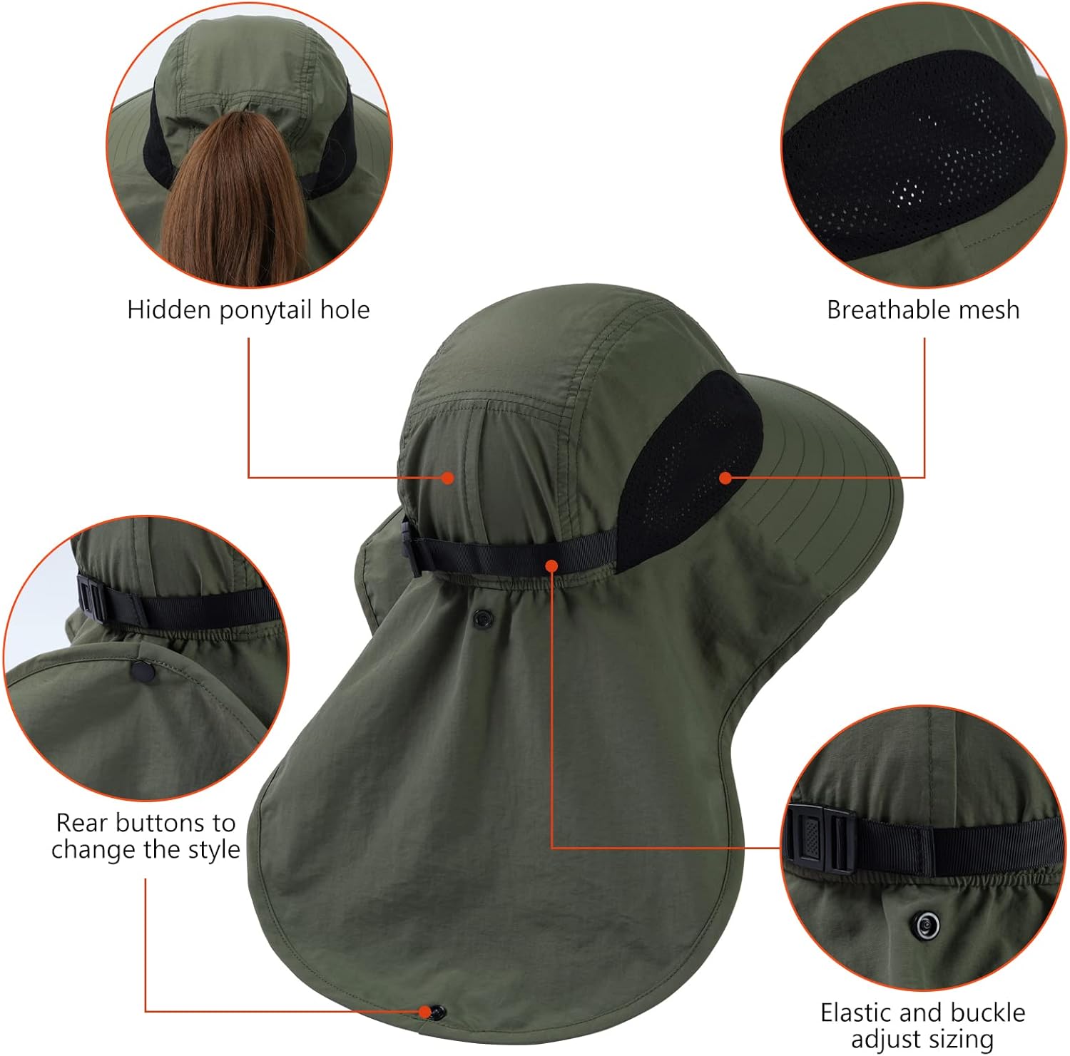BASSDASH UPF 50+ Unisex Water Resistant Wide Brim Sun Hat with Large Neck Flap Ponytail Fishing Hat for Men Women