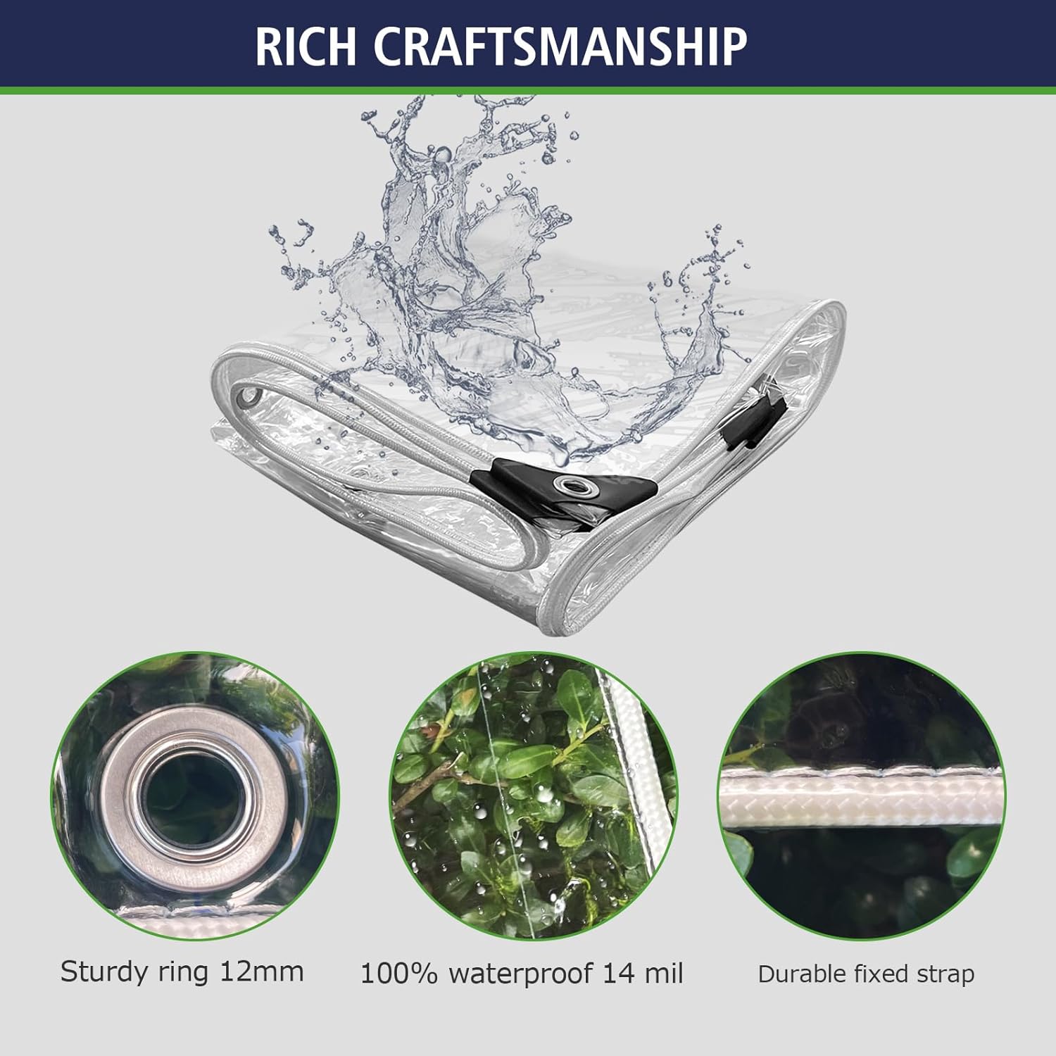 クリアタープ 4フィートx12フィート 15ミル - 高耐久 透明 防水 耐風 破れにくい クリアPVCタープ ケーブルタイ&amp