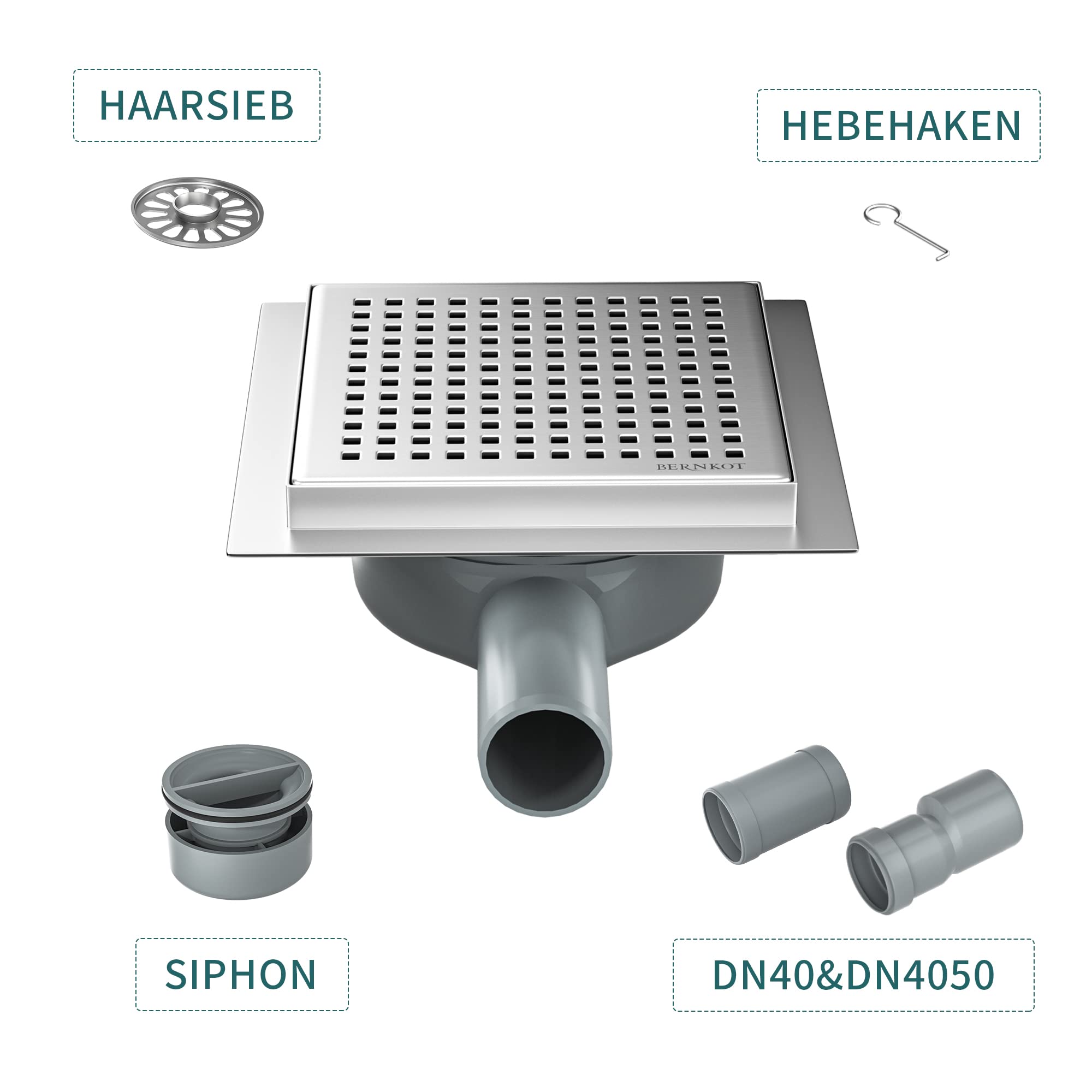 Duschrinne Quadrat 15 * 15cm, 360° Siphon mit Geruchsstop und Haarsieb Edelstahl Ablaufrinne Bodenablauf Duschablauf sehr flach DN50 DN40