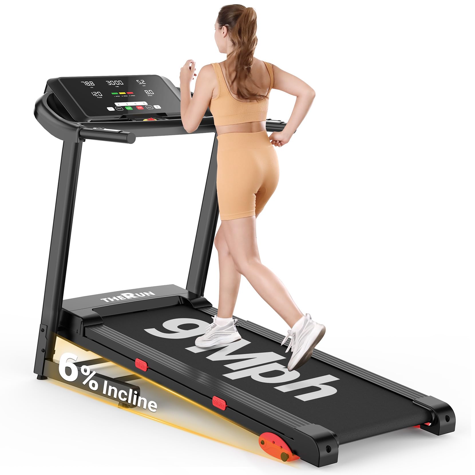 THERUN Manual Incline Treadmill in black and red, with a large 18″ LED display