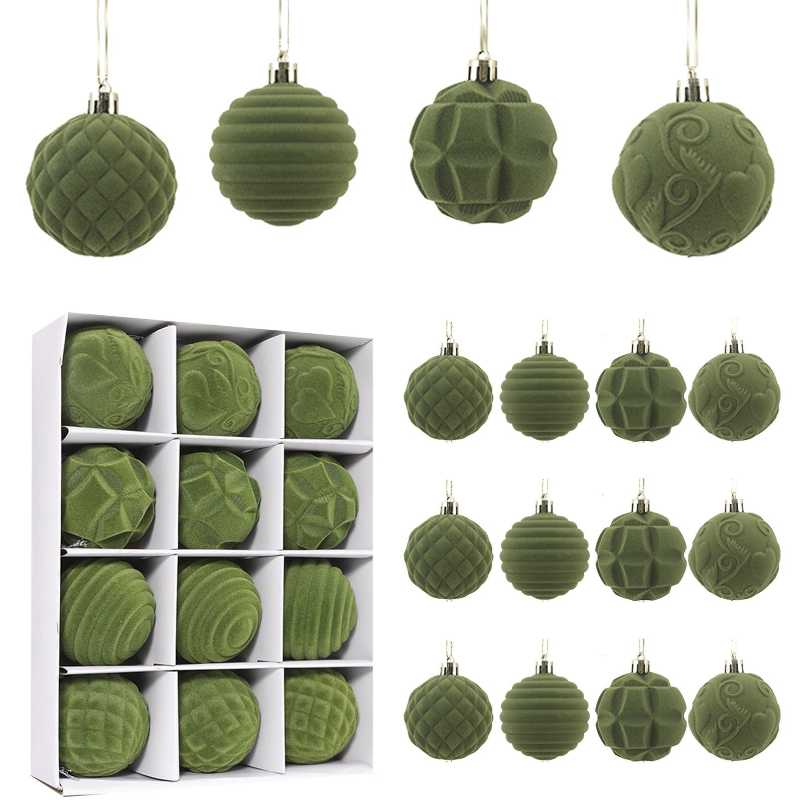 12 Pcs Velvet Christmas Balls Bulk, Flocked Xmas Tree Ball Ornaments, Shatterproof Plastic Velvet Christmas Ornaments Xmas Tree Hanging Decoration, 6cm (Green)