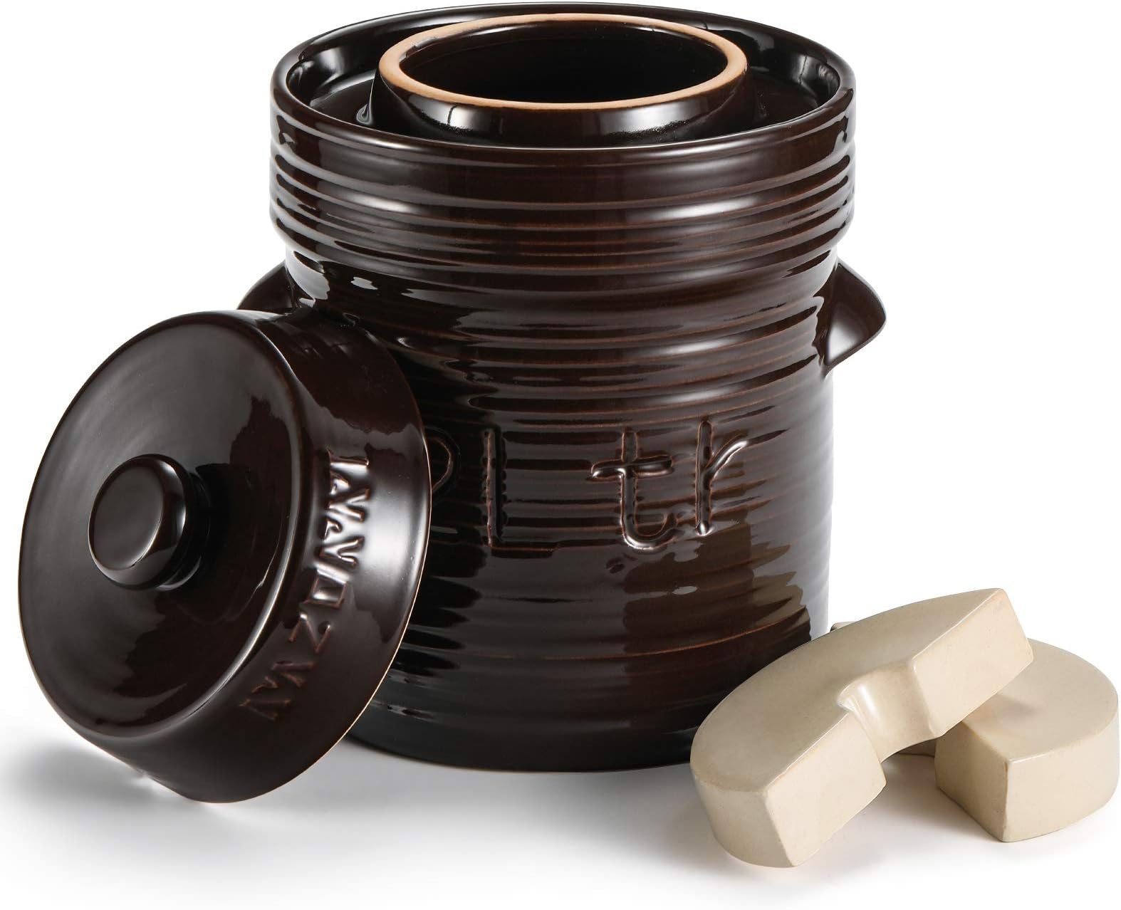 Razorri Comodo Sauerkraut Ceramic Fermentation Crock - 2 Liter (0.5 Gallon) Traditional Water-Sealed Jar with Glazed Weights - Fermenter for Kombucha, Kimchi, Pickles (Umber Brown)