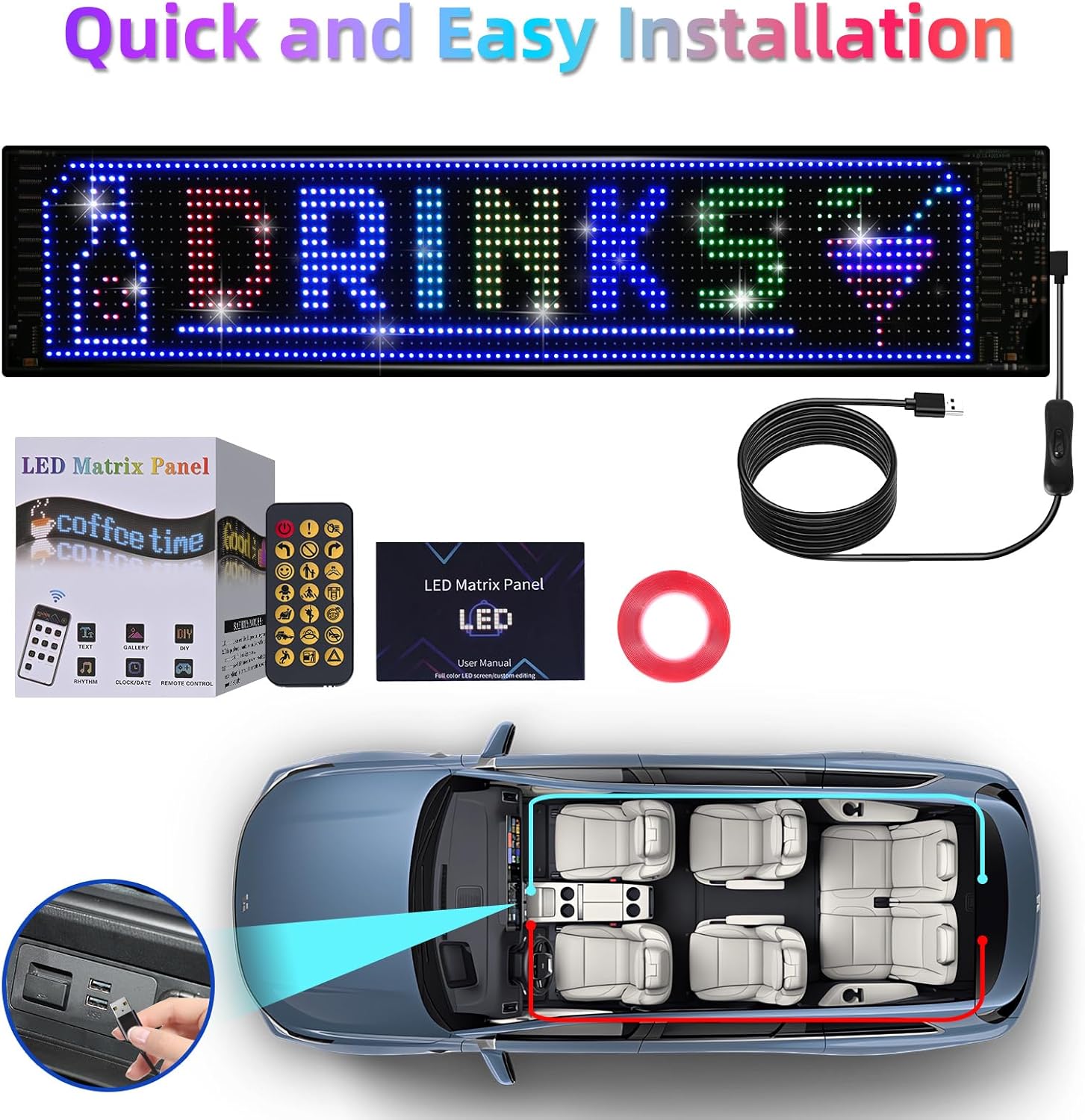 Eachbid Programmable Scrolling LED Sign, 23.4"x4.7", USB Flexible Digital Sign, APP Control, Custom DIY Editor Text, Patterns, Animations, for Car, Store, School, Hotel - Image 6
