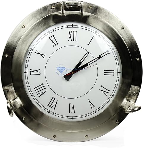 Miniatura 1 de Nagina International Reloj de pared de metal niquelado cepillado de aluminio grande de 20" | Reloj náutico de ojo de buey