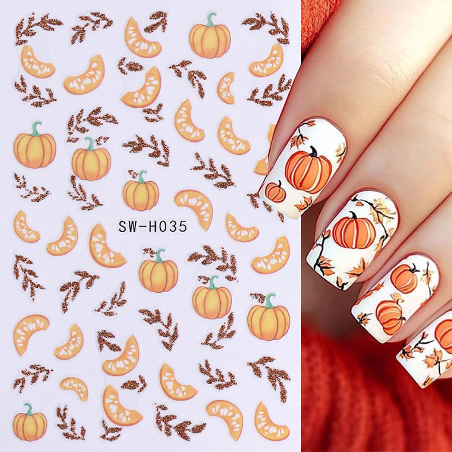 Fall Nail Art Stickers Decals 3D Pumpkin Nail Stickers Fun Fall Stickers for Nails 6PCS Adhesive Fruit Maple Leaf Pumpkin Design Autumn Nail Decals Manicure Sliders for Women DIY Nail Art Decorations image 2