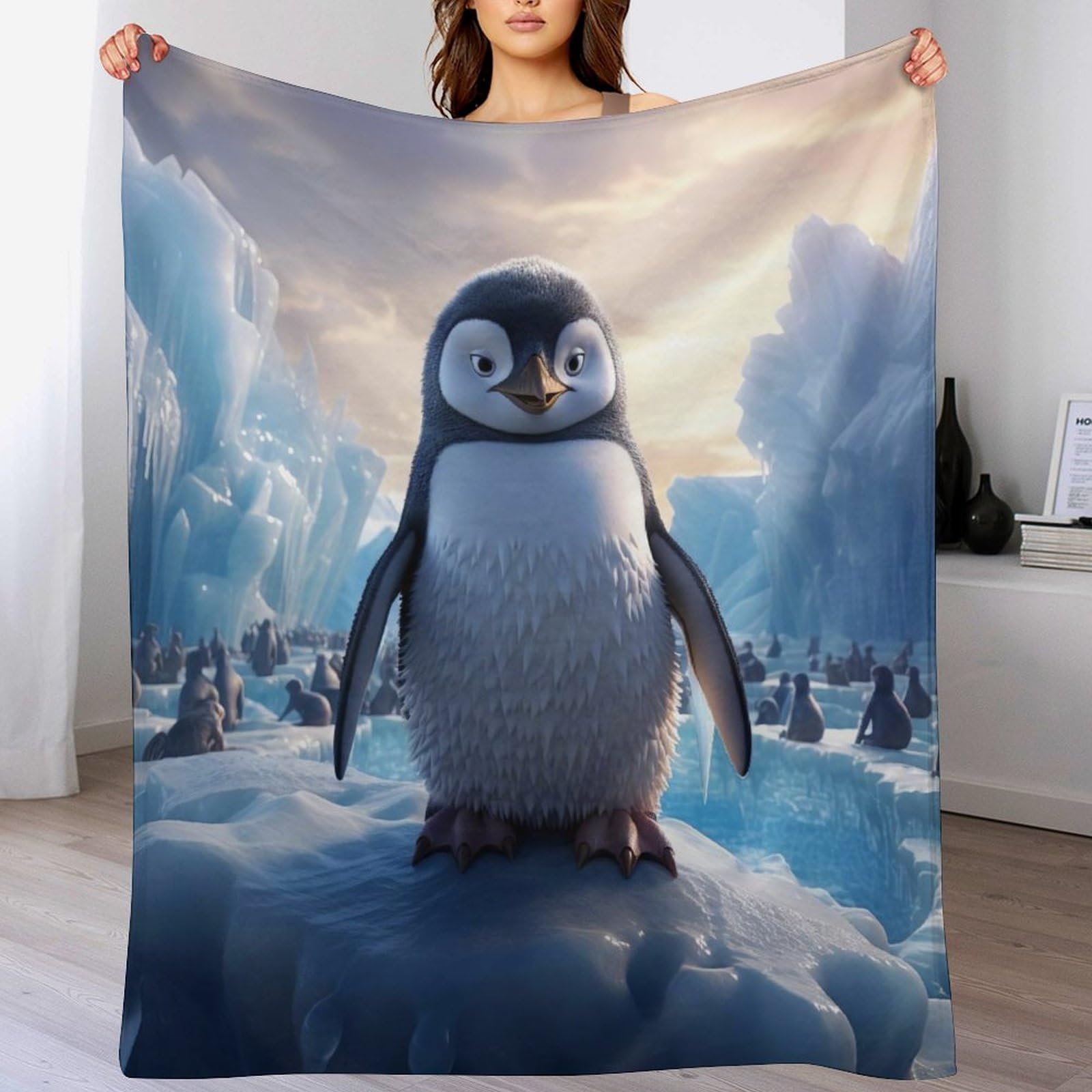 Couvertures de séjour en flannel polaire à motif manchots 130×180cm pour lit et grand canapé