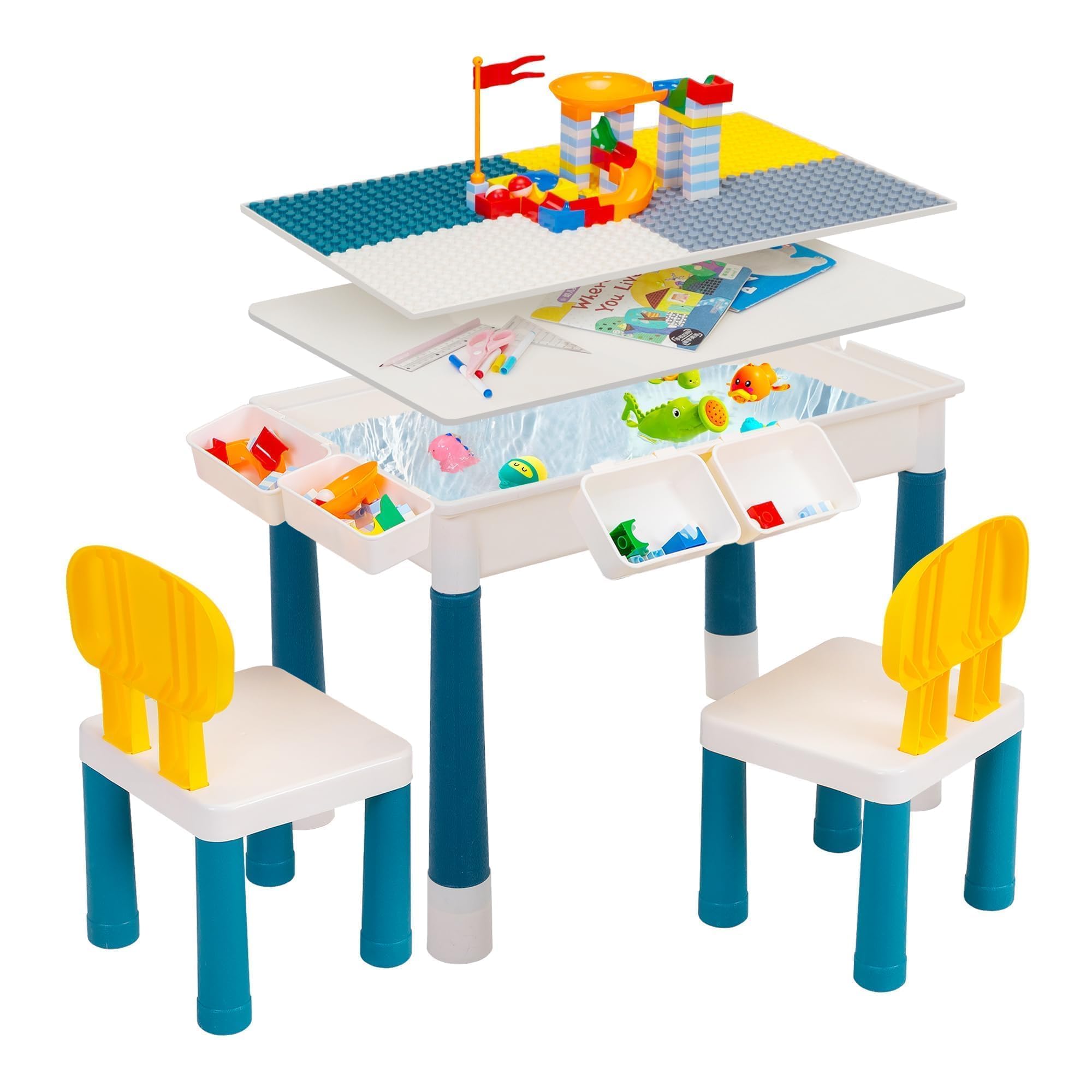 7-in-1 Kids Activity Table and Chairs Set, Height Adjustable Block Table
