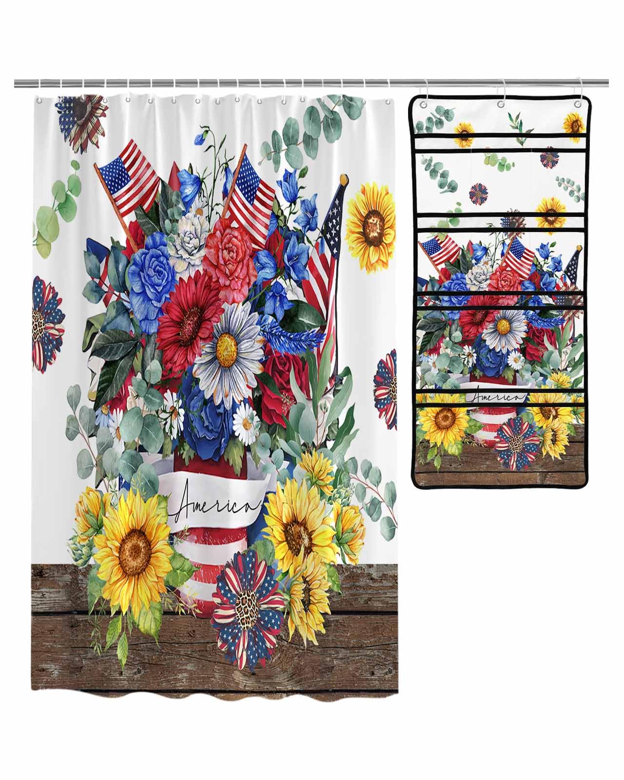 ZFUNCING Shower Curtain Mesh Shower Organizer Set 4th of July Patriotic Flower on Wood Waterproof Bath Curtains Hanging