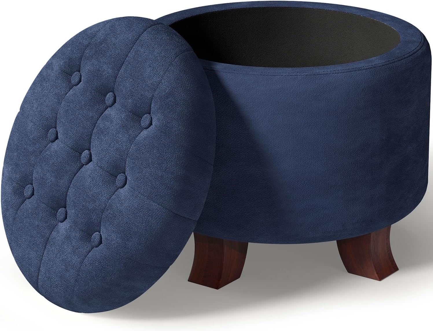 Ottoman,Round Foot Rest Stool, Upholstered Small Ottoman Chair with Storage for Living Room & Bedroom, Decorative Home Furniture, Navy Blue