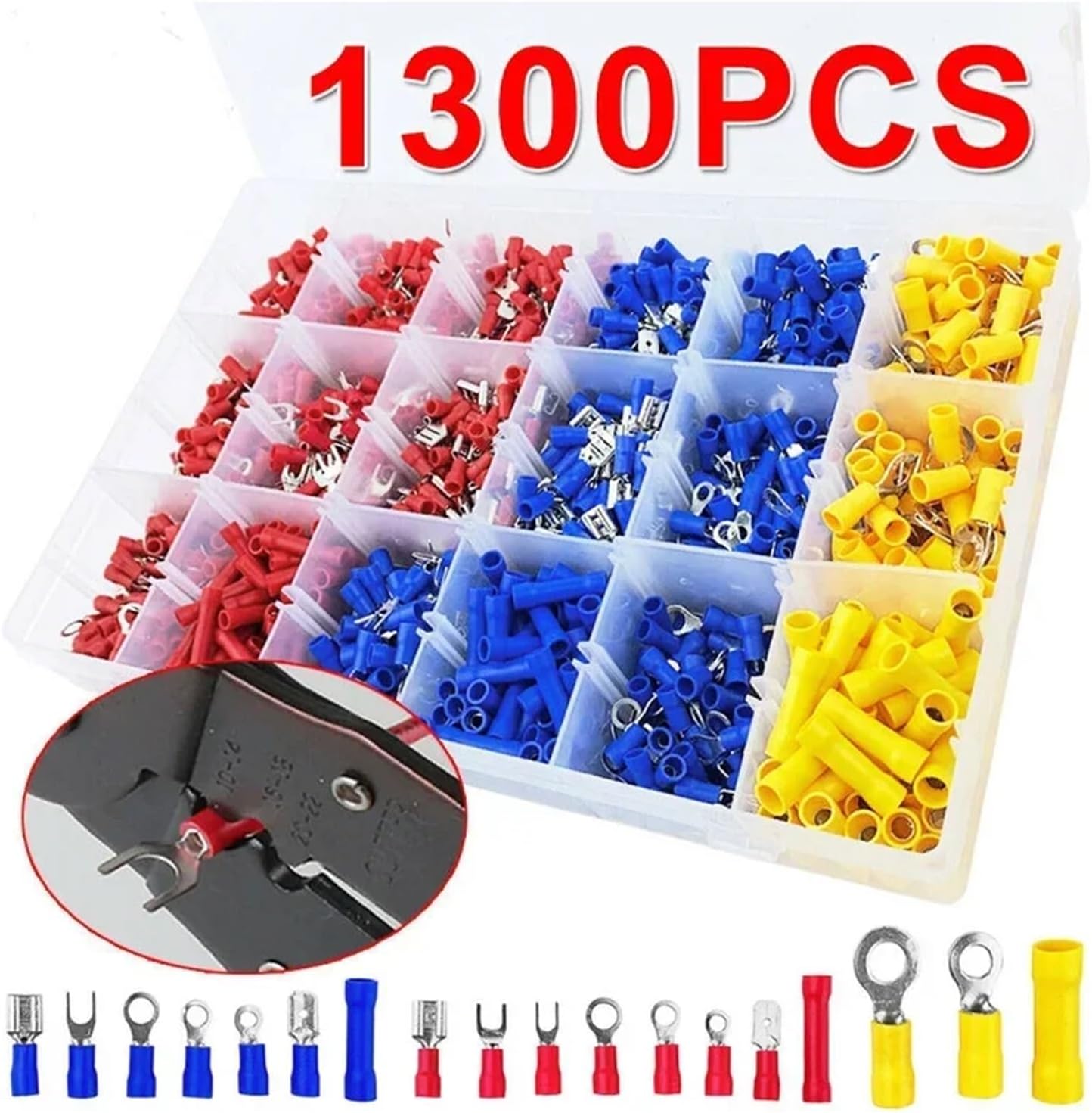 1300PCS Insulated Cable Connector Electrical Wire Crimp Spade Butt Ring Fork Set Ring Lugs Rolled Terminals Assorted Kit