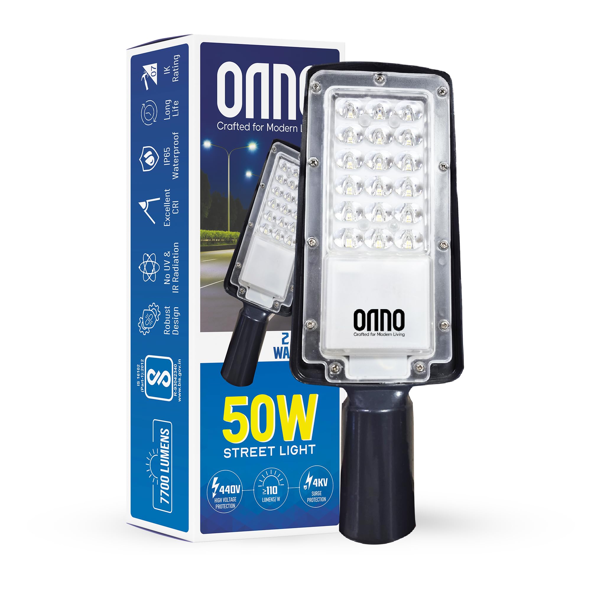 ONNO 50W LED Street Light | 5500Lm | Aluminum | IP65 Waterproof | Cool Day Light 6500K | BIS Approved | Outdoor Security & Area Light | Pack of 1