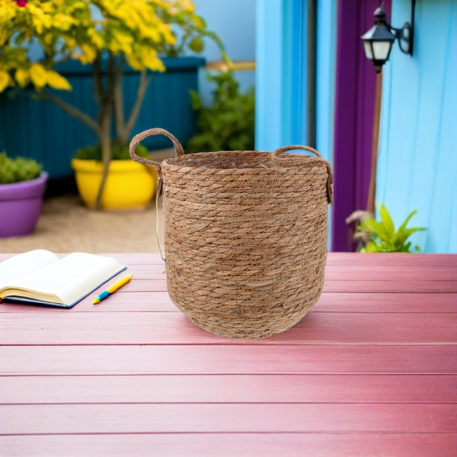Panier à Fleurs en Tressée Fait Main Cache-Pot Rond Petit Format 27 CM avec Doublure Jardinière D’Intérieur Stable et Respirante pour Salon Balcon et Bureau