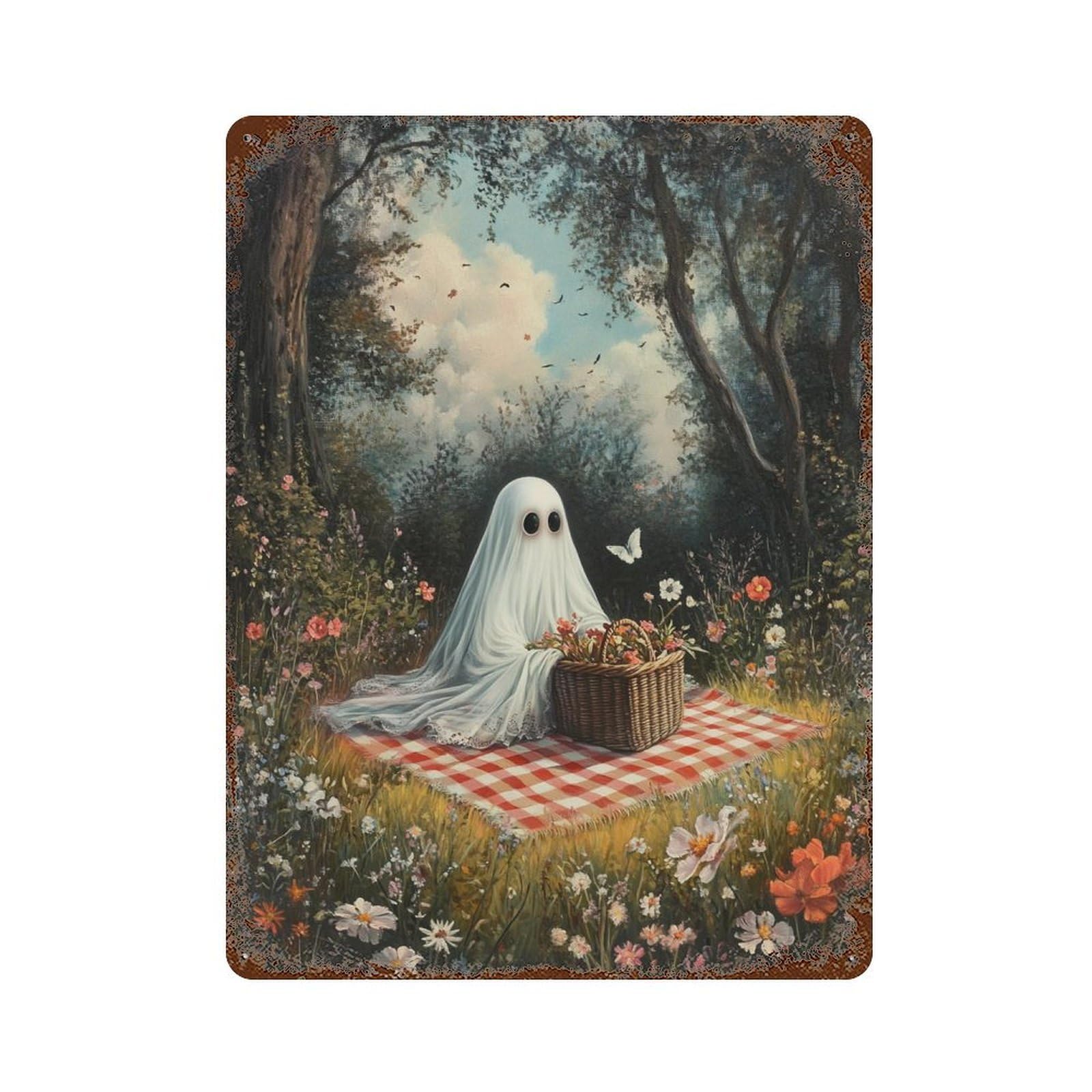 Ghost in The Garden Aged Metal Wall Plaque 15.7"x11.8", for Pub, Kitchen And Man Cave Decor, Decorative Metal Wall Art