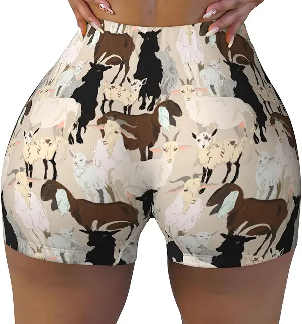 VOSERY Women's Goat Yoga Shorts - Colorful Cartoon Athletic Running Seamless Scrunch