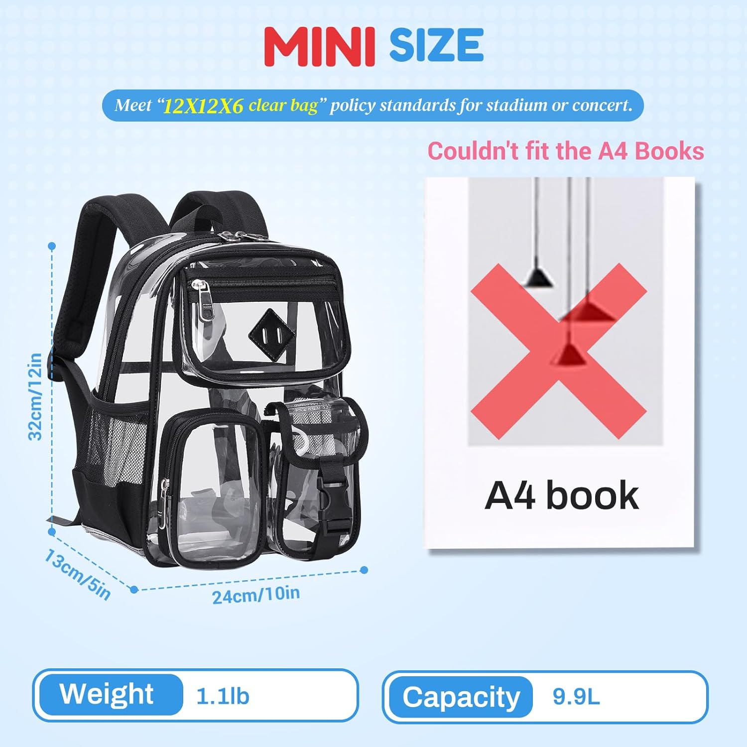 Mini Clear Backpack for Stadium Events, Small Clear Bag for Child for Festival Concert,Black(Not Fits School) - Image 3